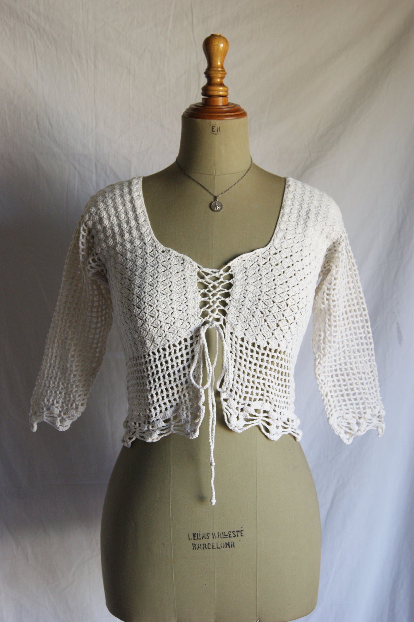 1970s Hand-Crocheted Cotton Lace-Up Cardigan with Scalloped Edges