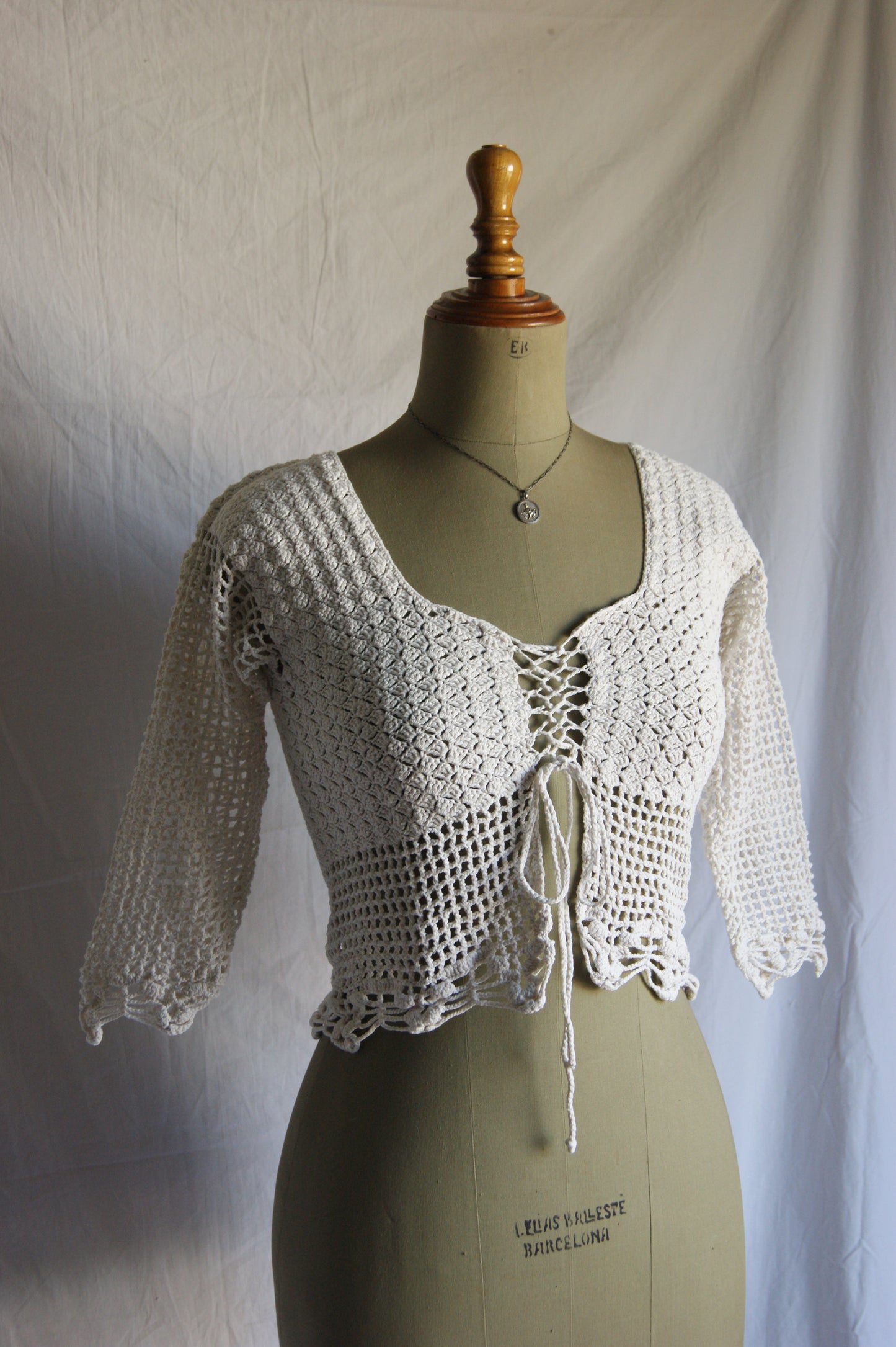 1970s Hand-Crocheted Cotton Lace-Up Cardigan with Scalloped Edges