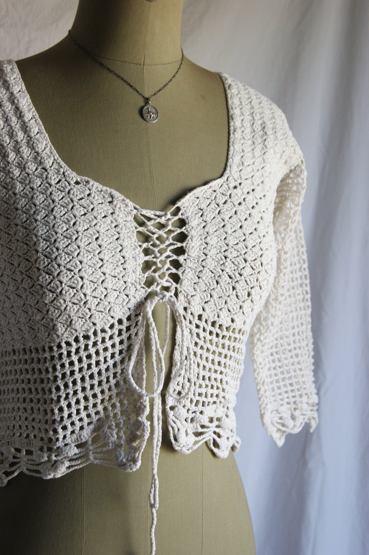1970s Hand-Crocheted Cotton Lace-Up Cardigan with Scalloped Edges