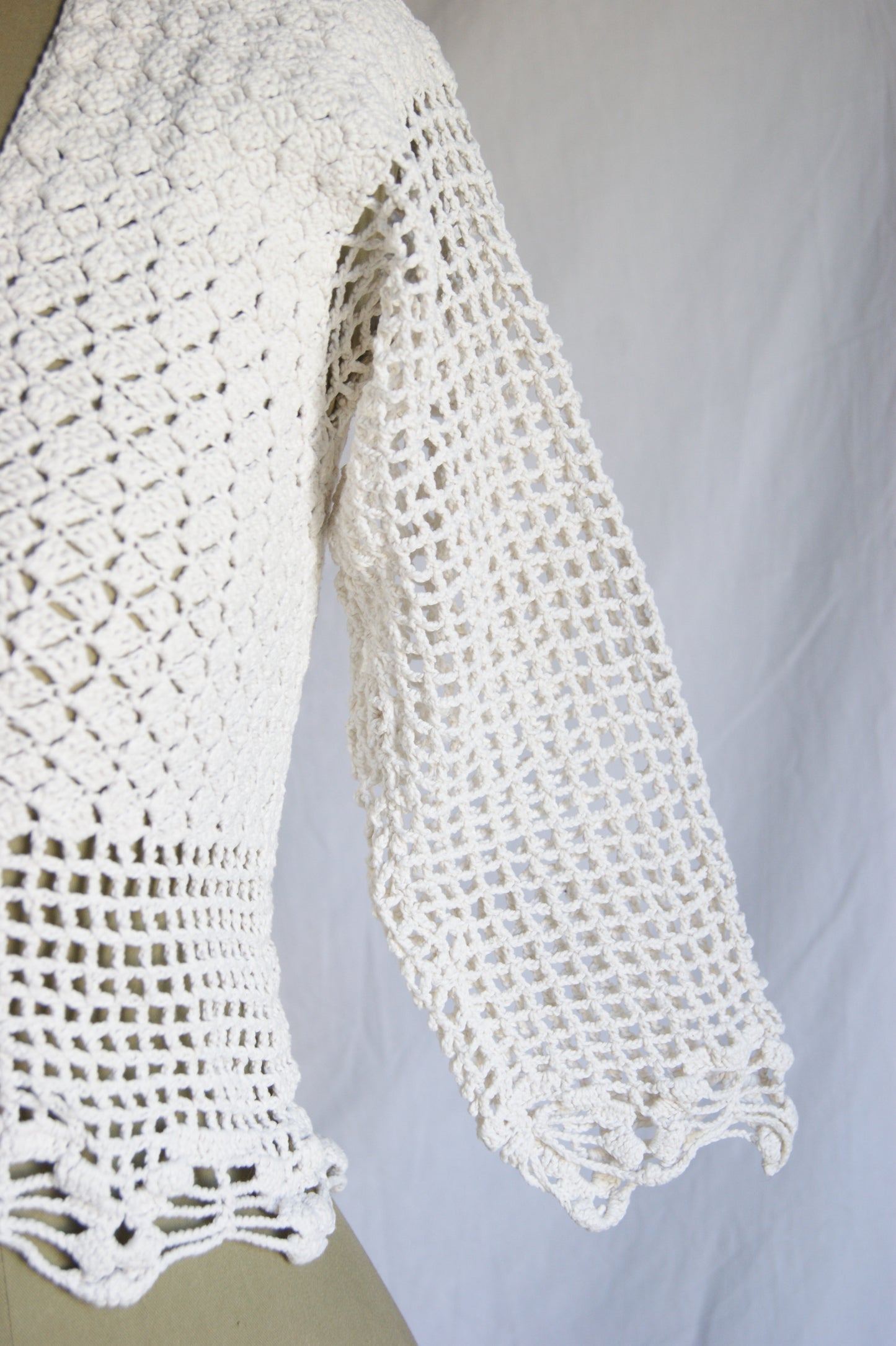 1970s Hand-Crocheted Cotton Lace-Up Cardigan with Scalloped Edges