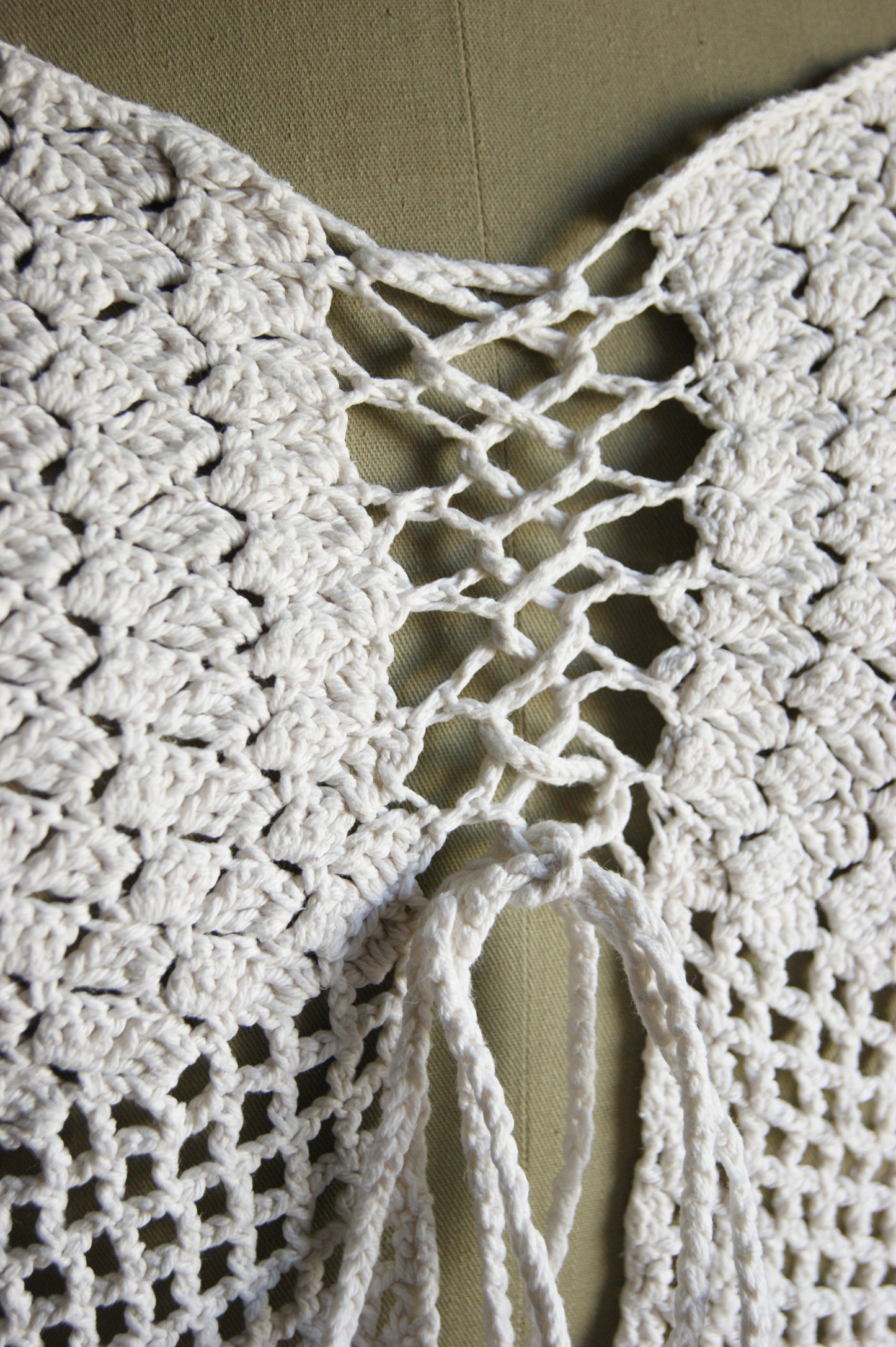 1970s Hand-Crocheted Cotton Lace-Up Cardigan with Scalloped Edges