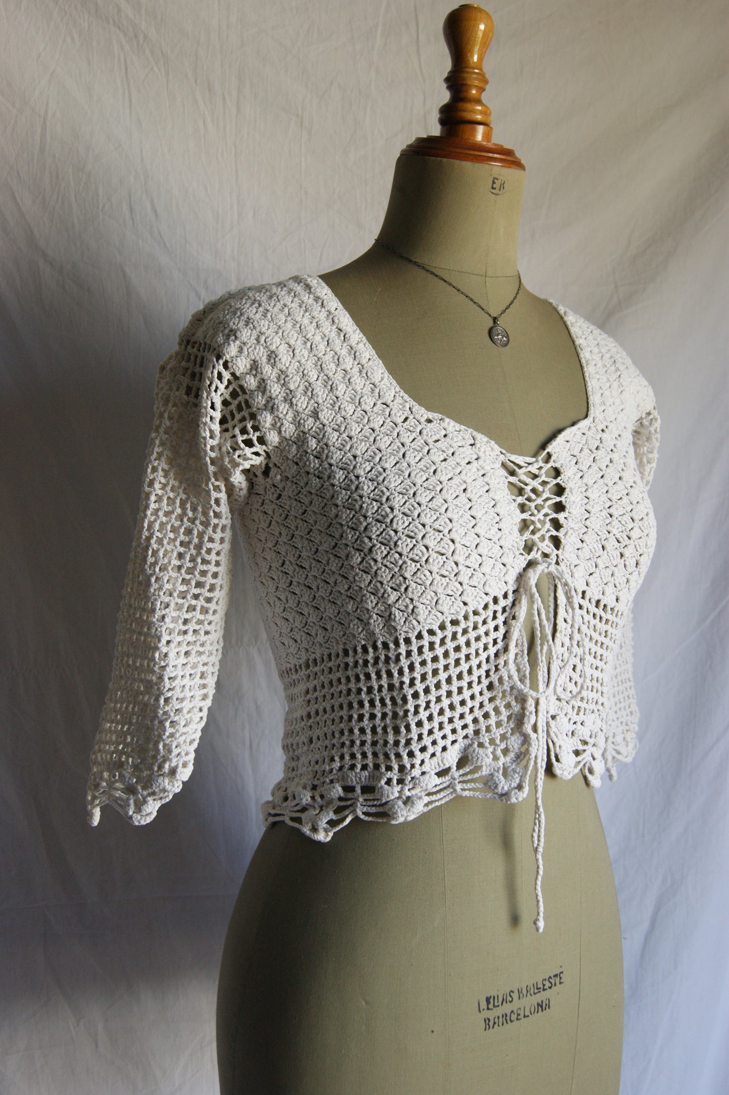 1970s Hand-Crocheted Cotton Lace-Up Cardigan with Scalloped Edges