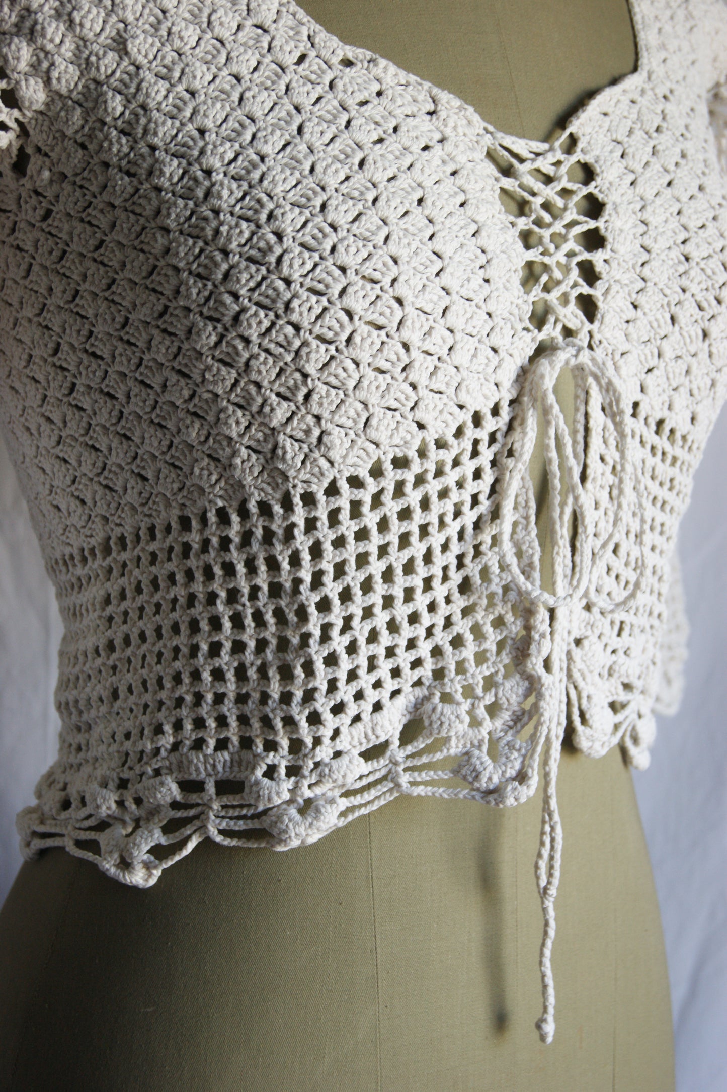 1970s Hand-Crocheted Cotton Lace-Up Cardigan with Scalloped Edges