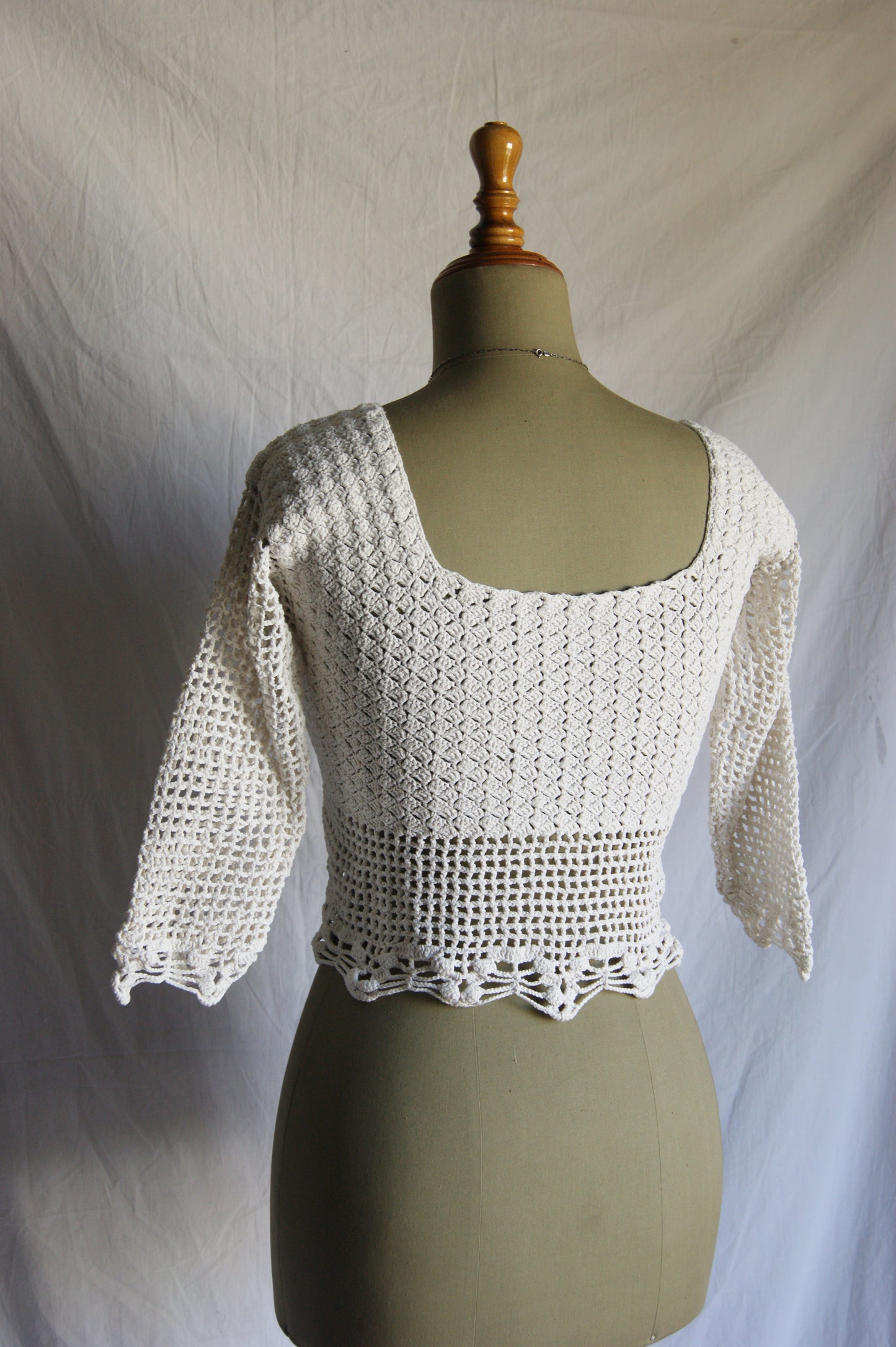 1970s Hand-Crocheted Cotton Lace-Up Cardigan with Scalloped Edges