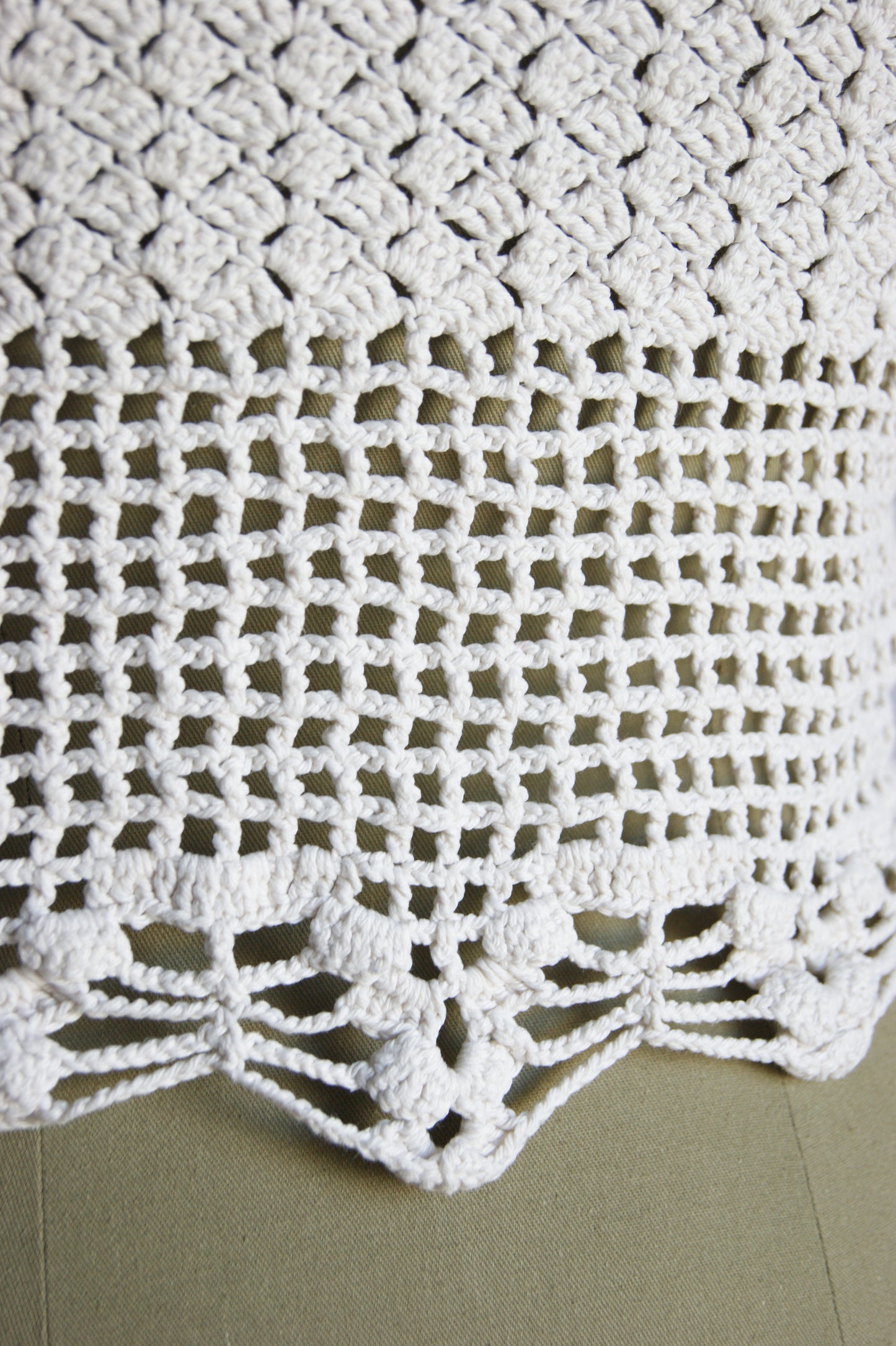 1970s Hand-Crocheted Cotton Lace-Up Cardigan with Scalloped Edges