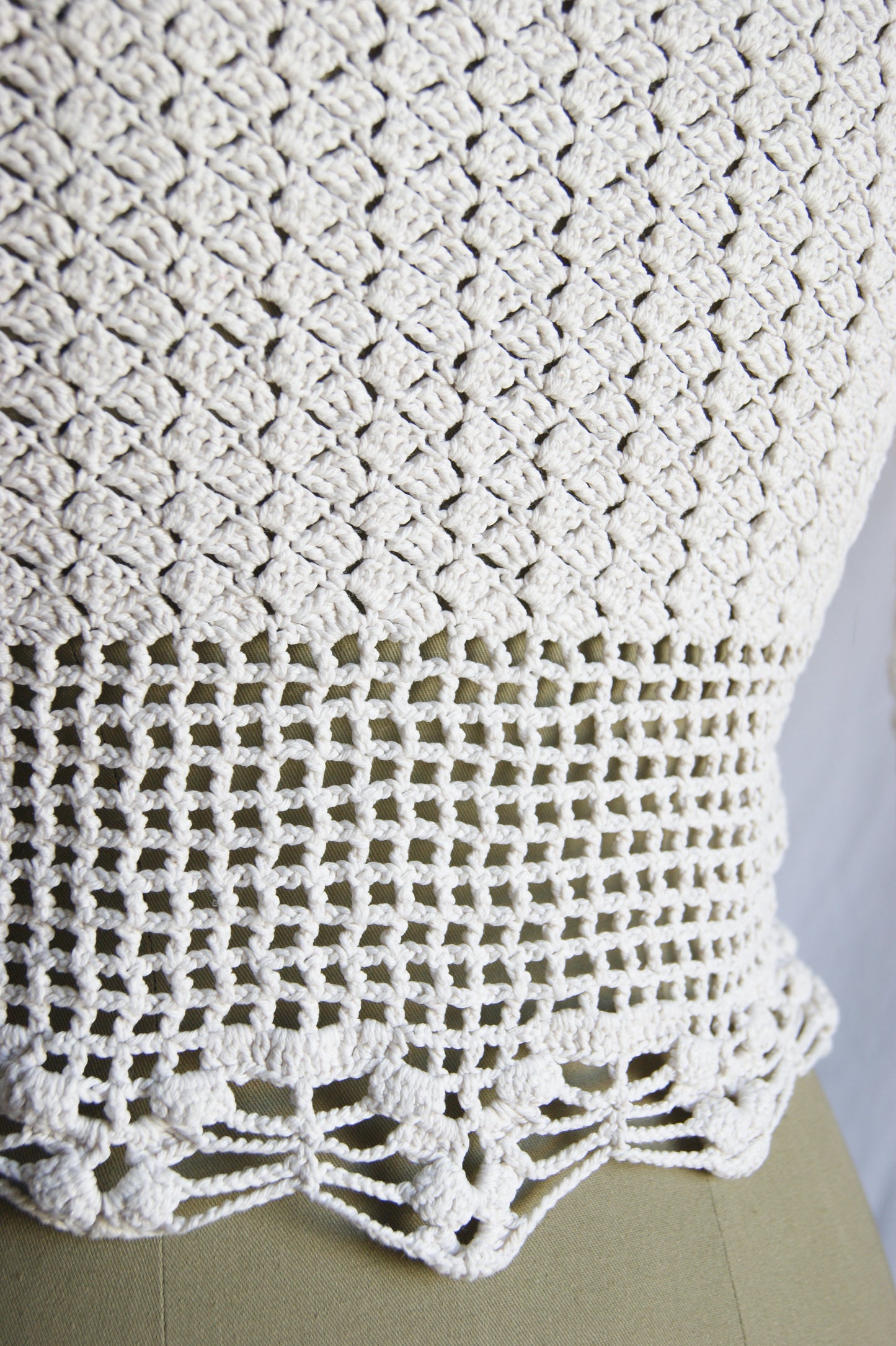 1970s Hand-Crocheted Cotton Lace-Up Cardigan with Scalloped Edges