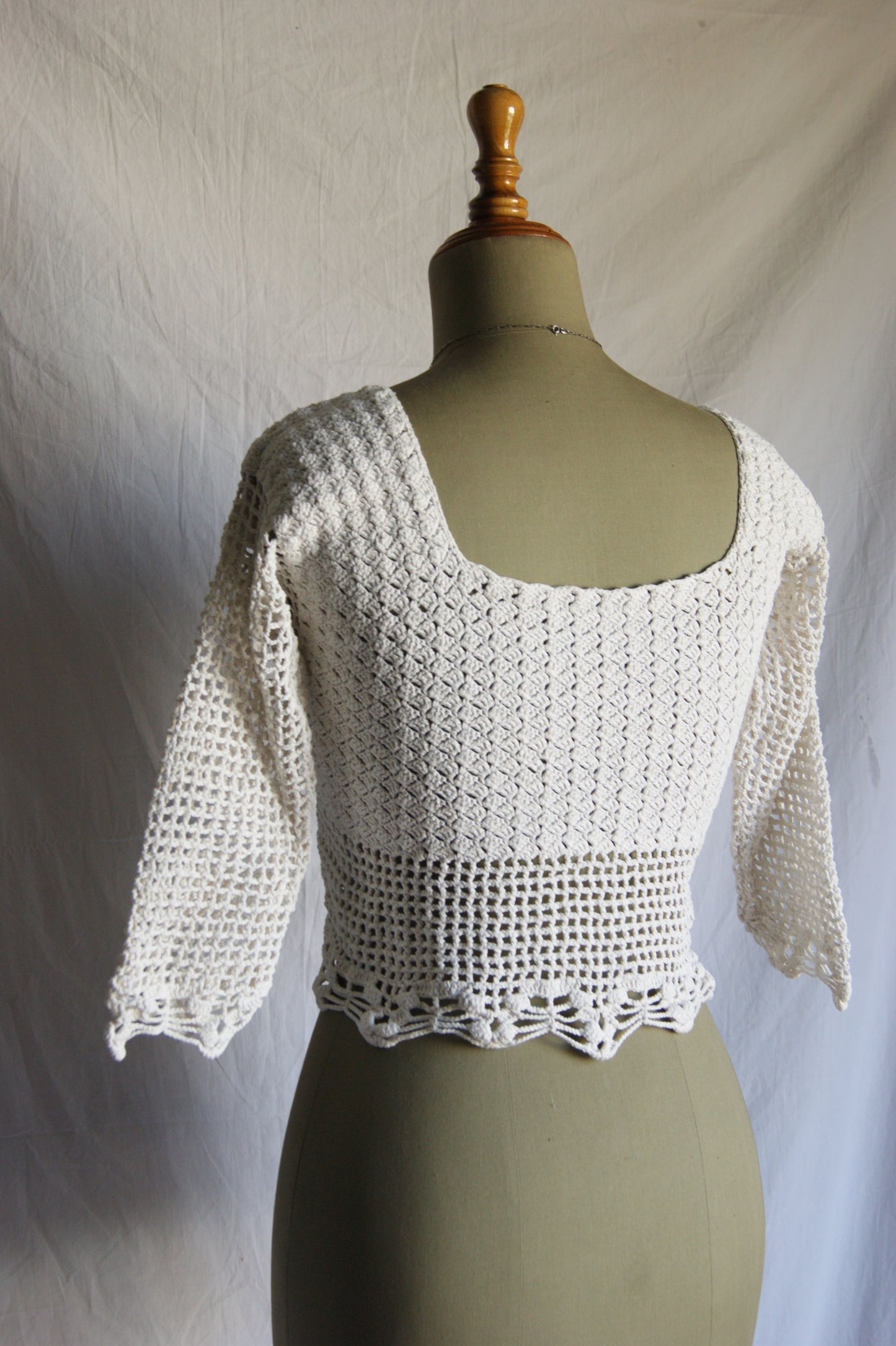 1970s Hand-Crocheted Cotton Lace-Up Cardigan with Scalloped Edges