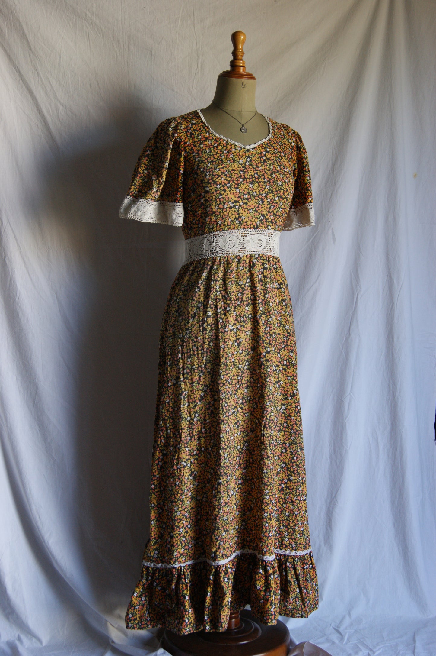 1970s Hand-Sewn Prairie Dress with Hand-Crocheted Details - S/M
