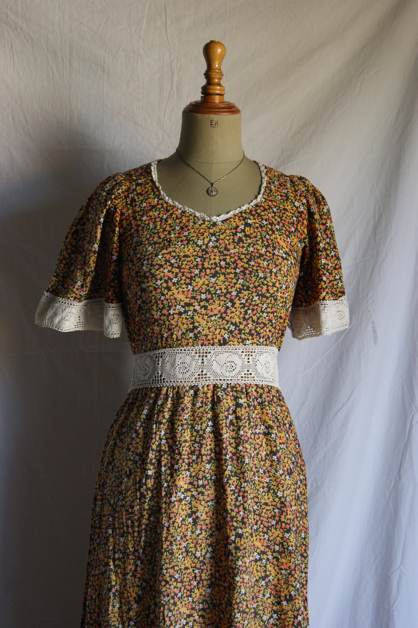 1970s Hand-Sewn Prairie Dress with Hand-Crocheted Details - S/M