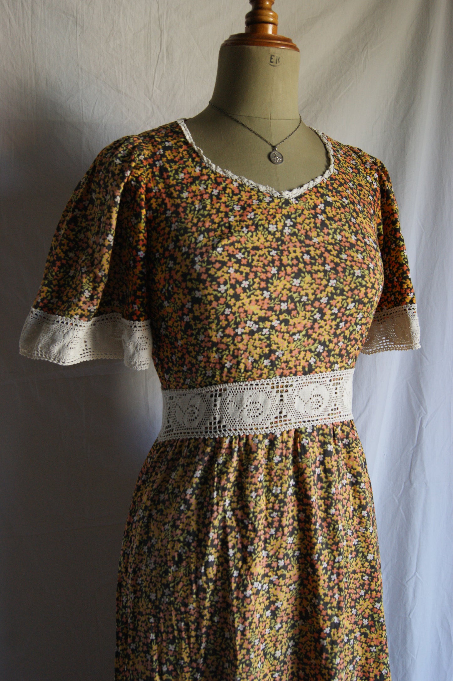 1970s Hand-Sewn Prairie Dress with Hand-Crocheted Details - S/M