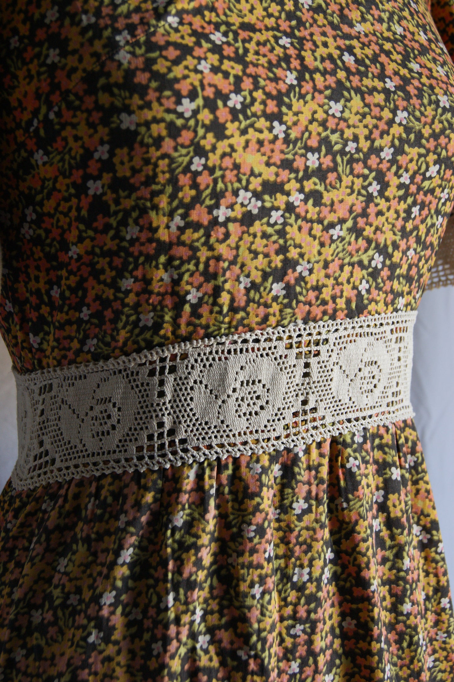 1970s Hand-Sewn Prairie Dress with Hand-Crocheted Details - S/M