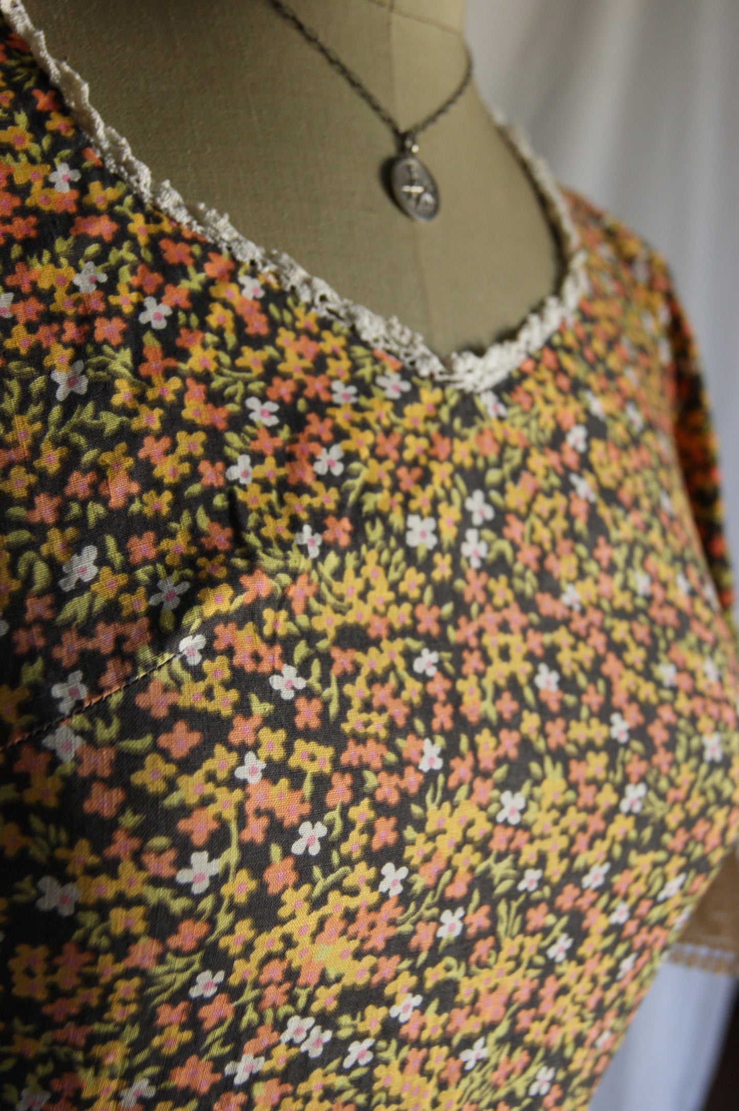 1970s Hand-Sewn Prairie Dress with Hand-Crocheted Details - S/M
