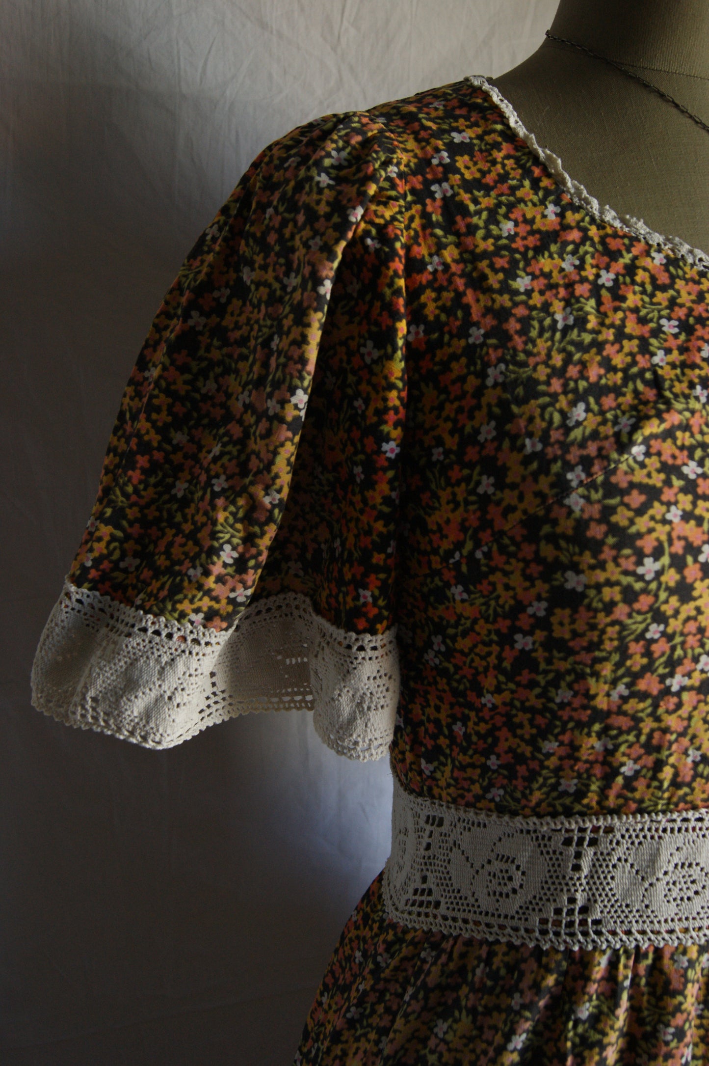 1970s Hand-Sewn Prairie Dress with Hand-Crocheted Details - S/M