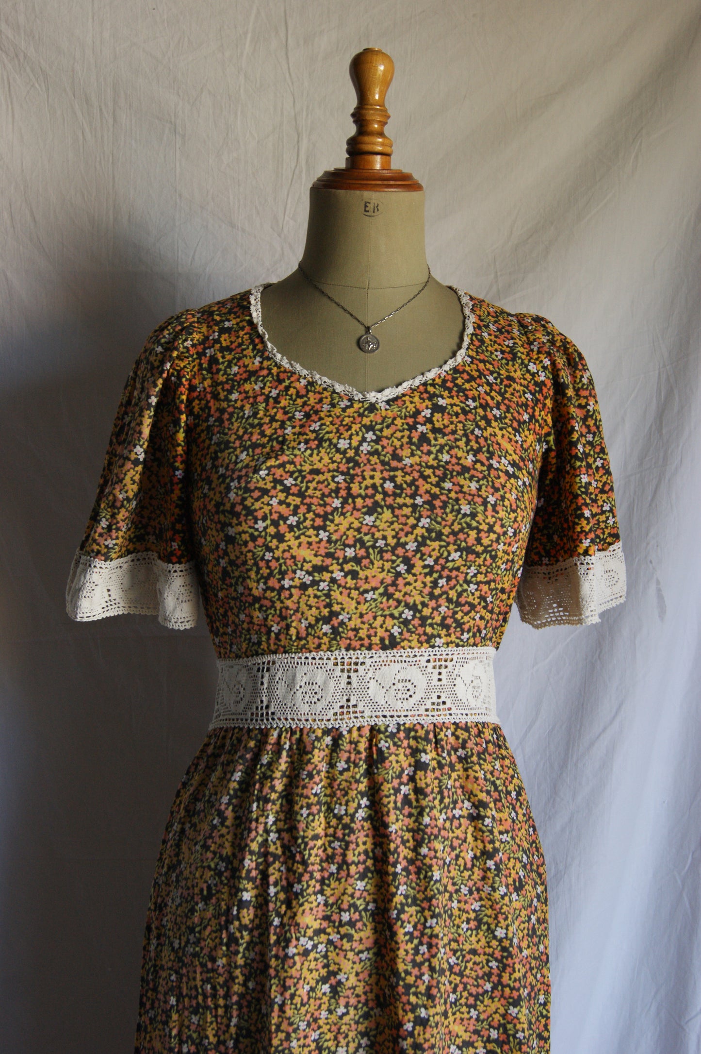 1970s Hand-Sewn Prairie Dress with Hand-Crocheted Details - S/M