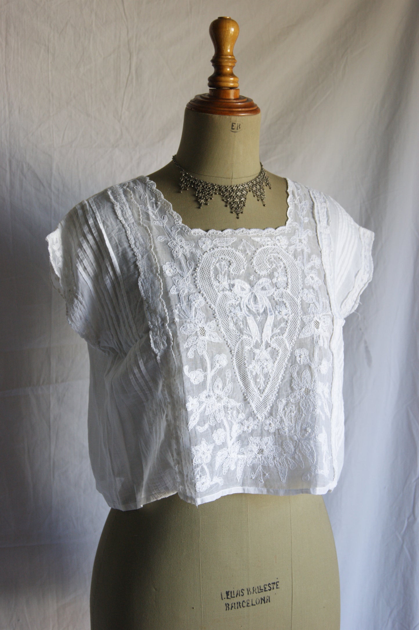 1980s Hand-Embroidered Cotton Blouse with Ribbon & Floral Motif