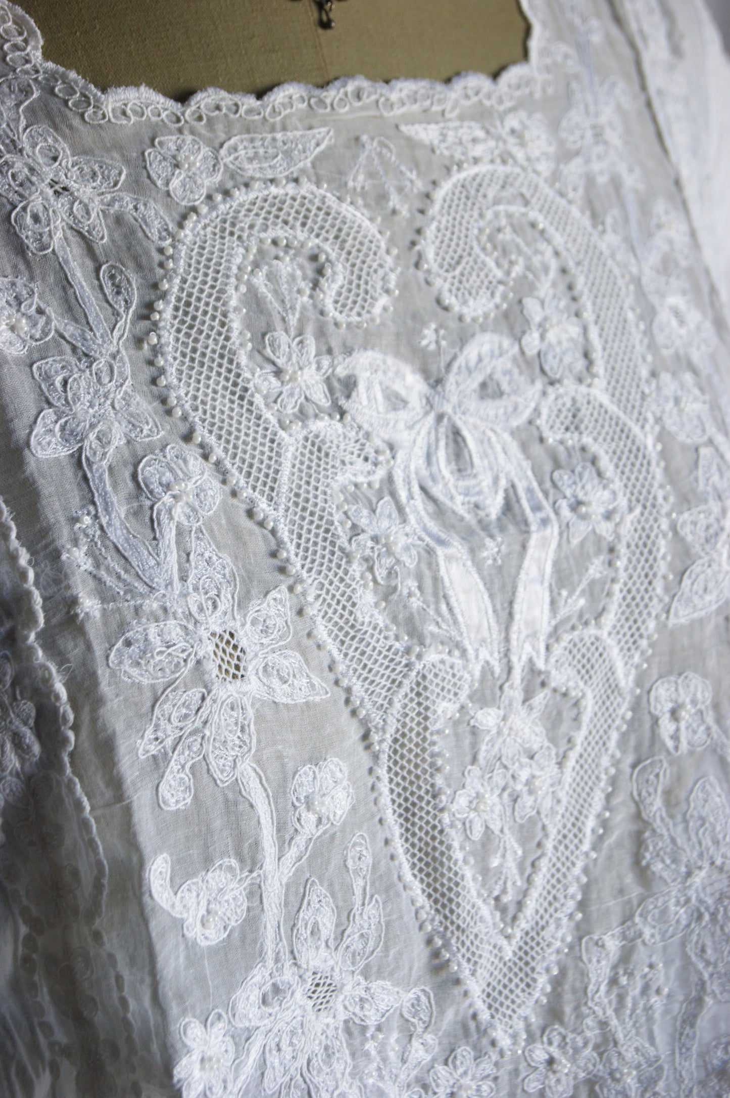1980s Hand-Embroidered Cotton Blouse with Ribbon & Floral Motif