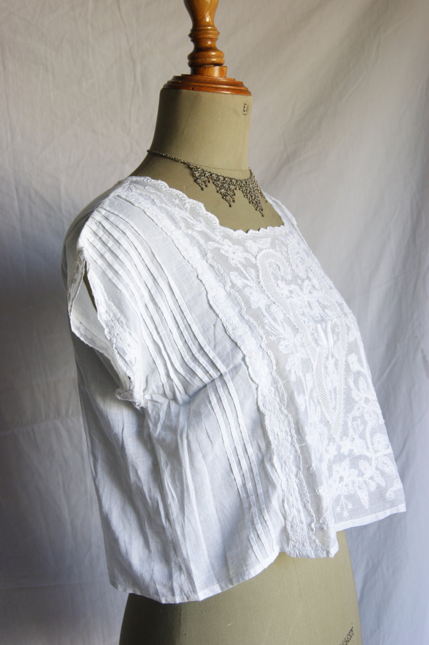 1980s Hand-Embroidered Cotton Blouse with Ribbon & Floral Motif