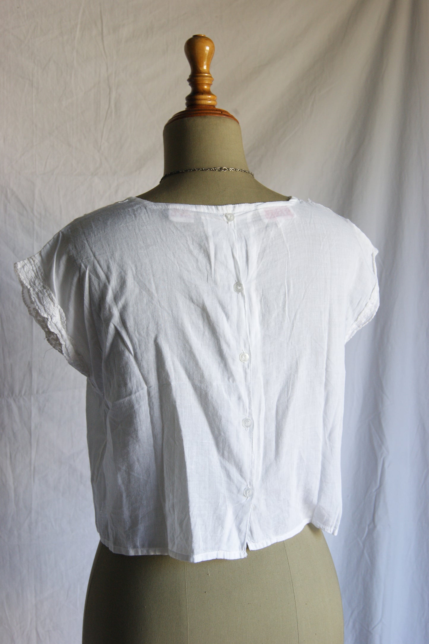 1980s Hand-Embroidered Cotton Blouse with Ribbon & Floral Motif