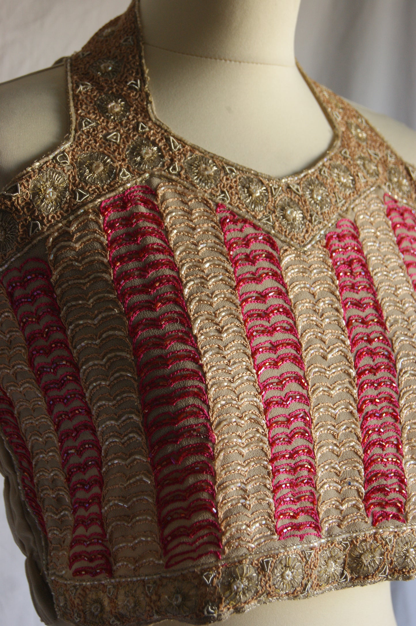 1960s Indian Hand-Embroidered Halter Blouse with Golden Zardozi Work
