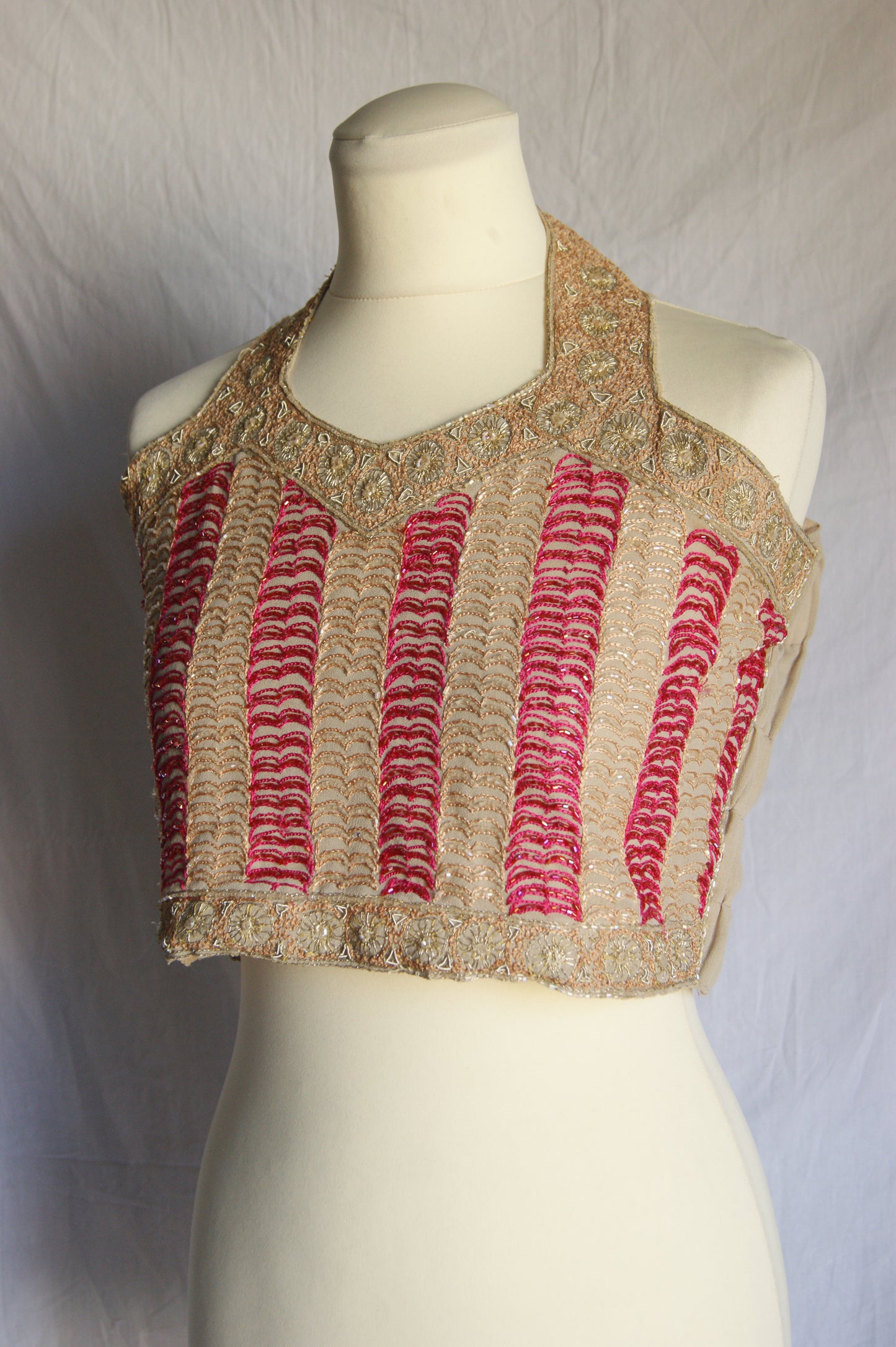 1960s Indian Hand-Embroidered Halter Blouse with Golden Zardozi Work
