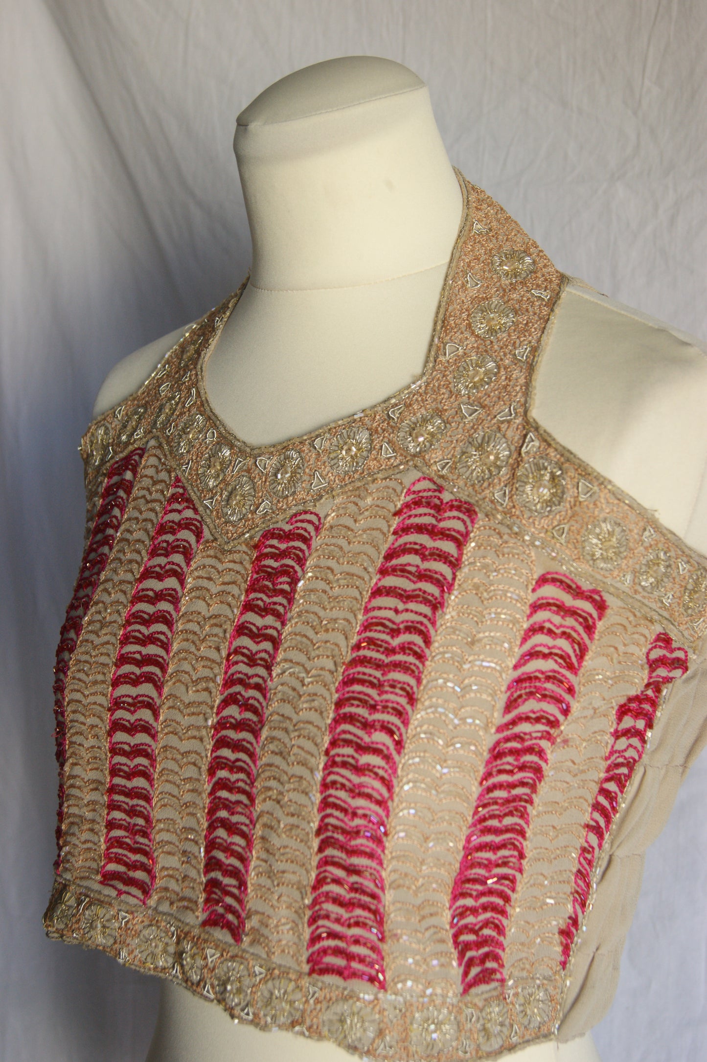 1960s Indian Hand-Embroidered Halter Blouse with Golden Zardozi Work