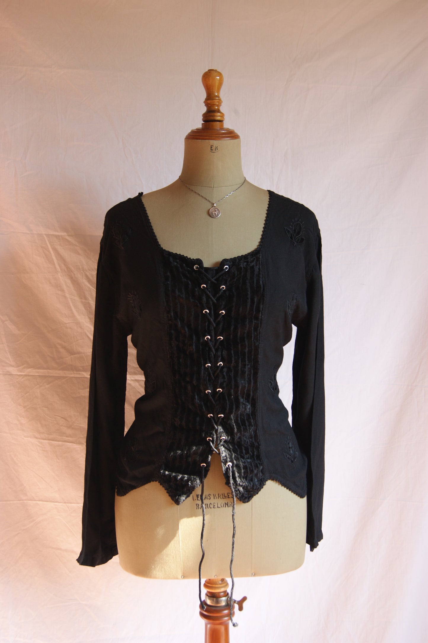 1990s Black Embroidered Blouse with Velvet Front Panel - L