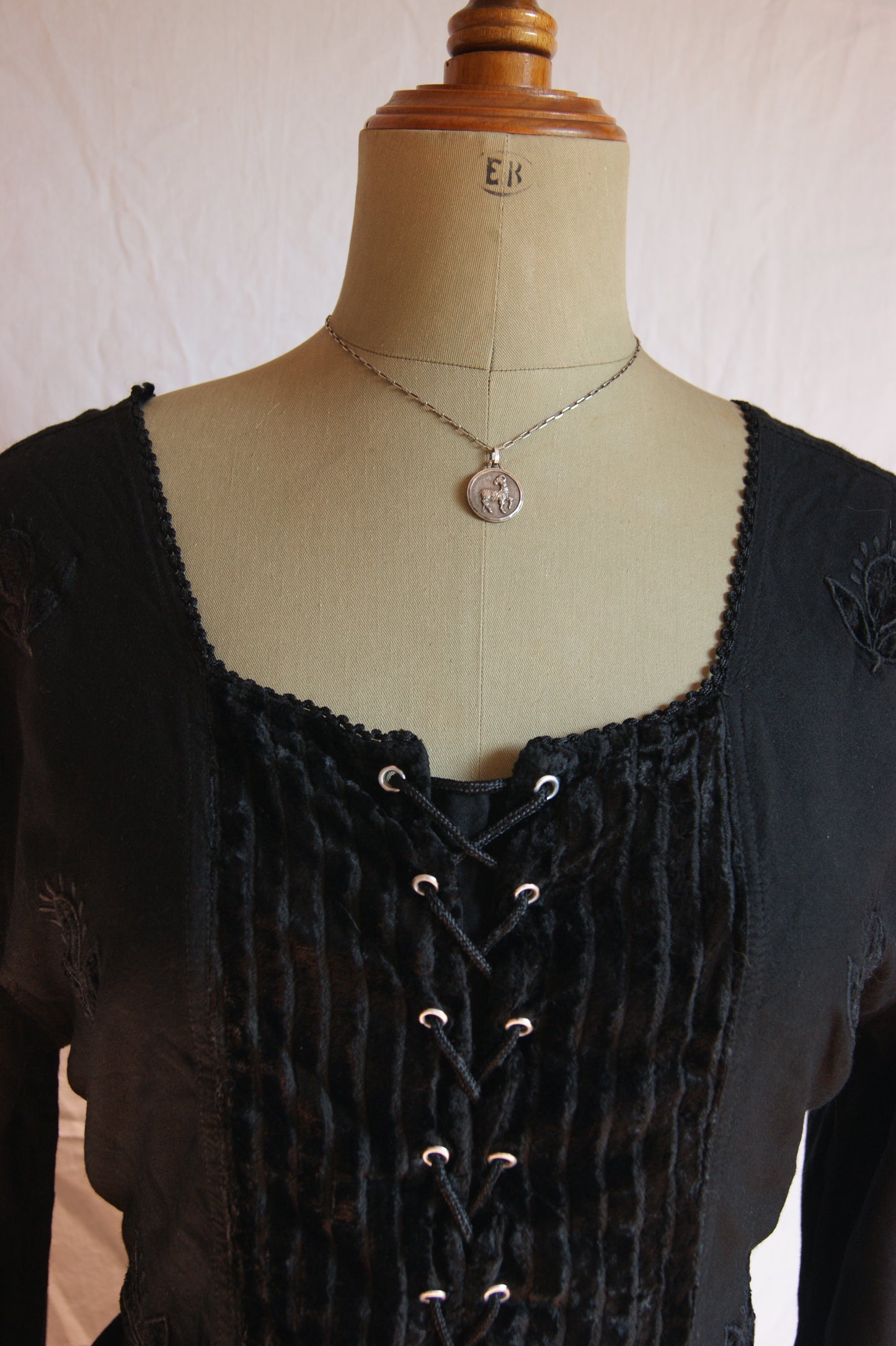 1990s Black Embroidered Blouse with Velvet Front Panel - L
