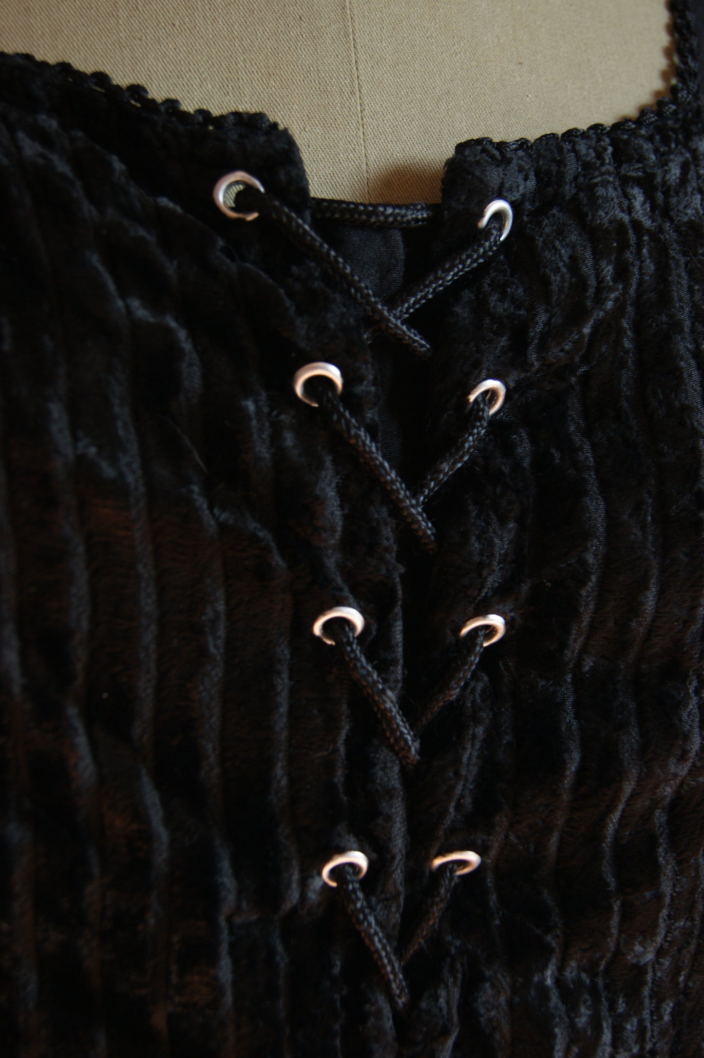 1990s Black Embroidered Blouse with Velvet Front Panel - L