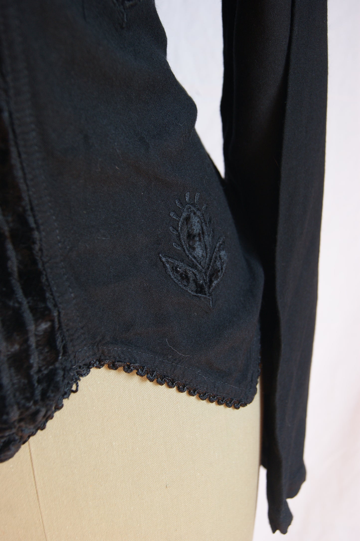 1990s Black Embroidered Blouse with Velvet Front Panel - L