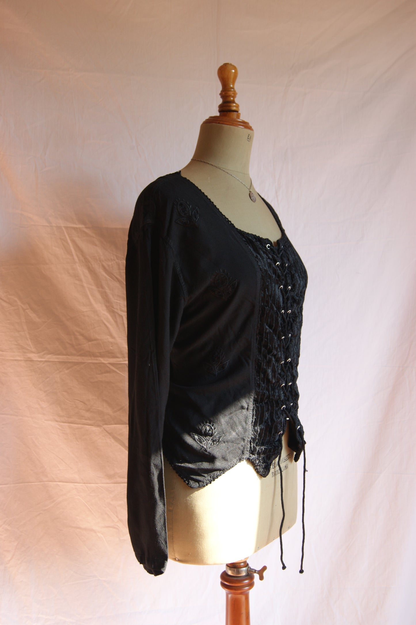 1990s Black Embroidered Blouse with Velvet Front Panel - L