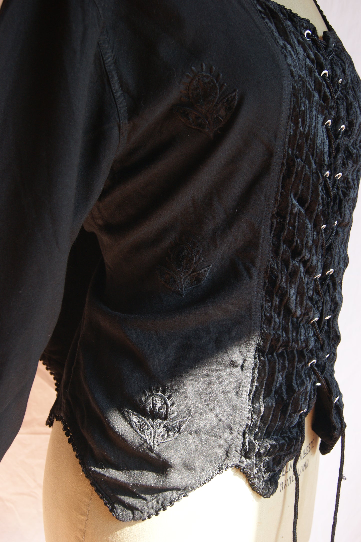1990s Black Embroidered Blouse with Velvet Front Panel - L
