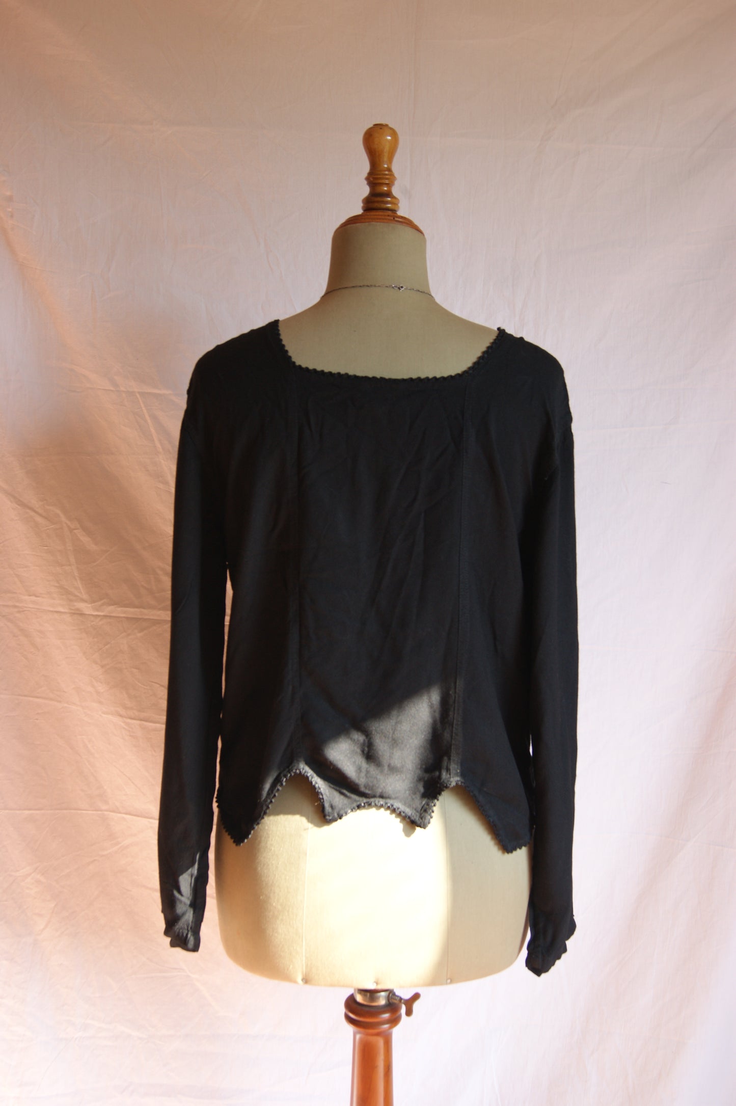 1990s Black Embroidered Blouse with Velvet Front Panel - L