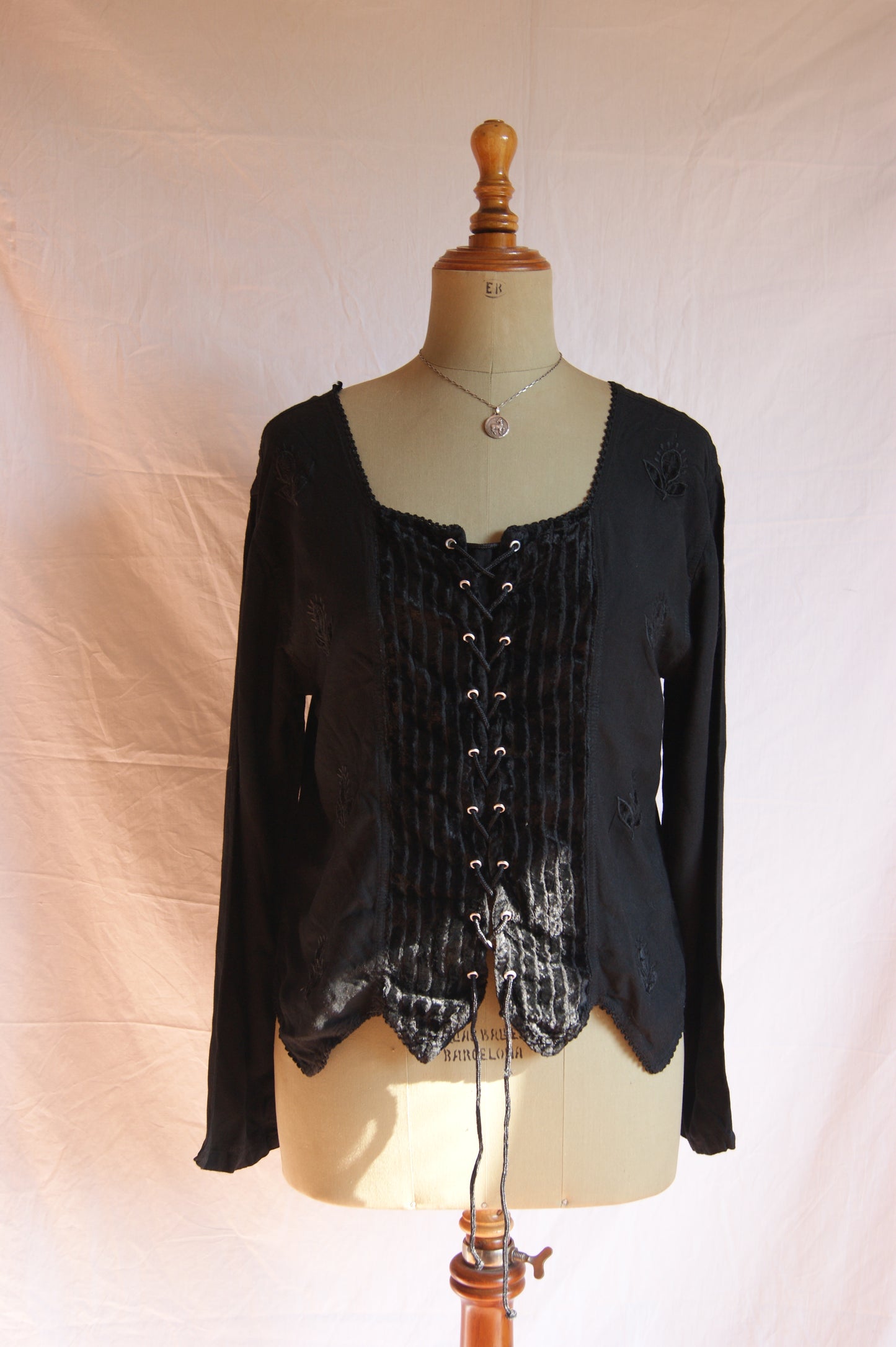1990s Black Embroidered Blouse with Velvet Front Panel - L