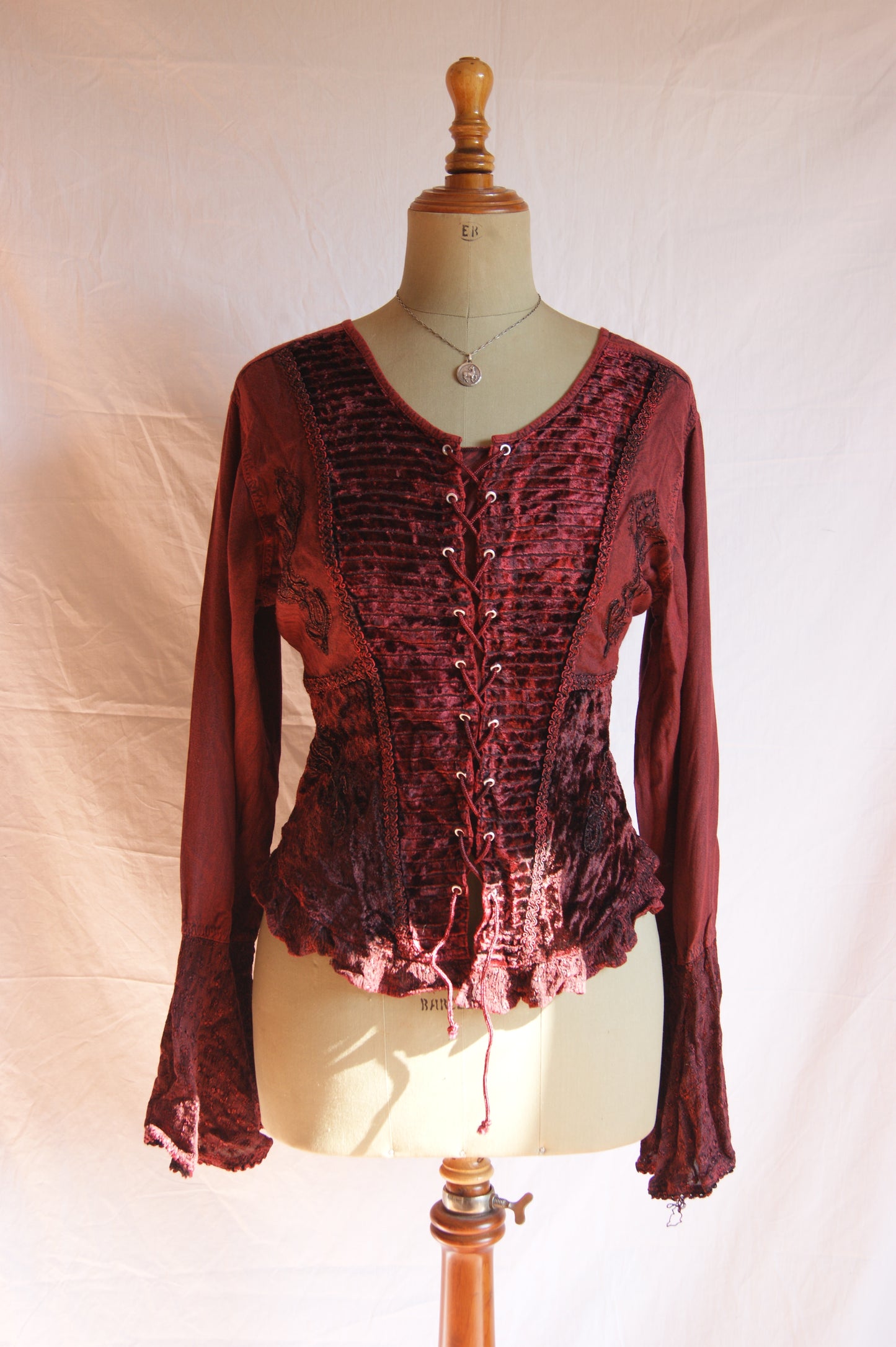 1990s Burgundy Lace-Up Blouse with Velvet Front Panel - L