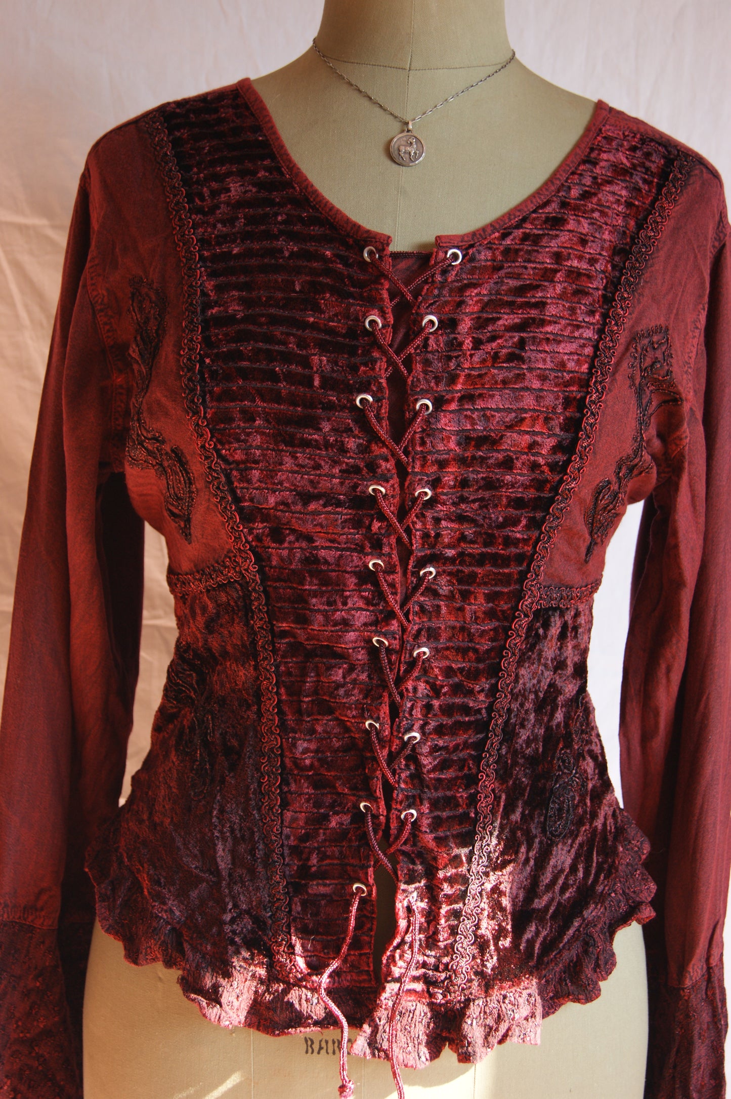 1990s Burgundy Lace-Up Blouse with Velvet Front Panel - L