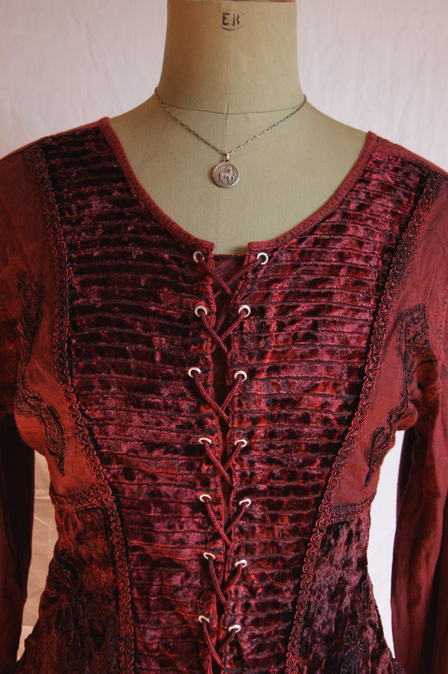 1990s Burgundy Lace-Up Blouse with Velvet Front Panel - L