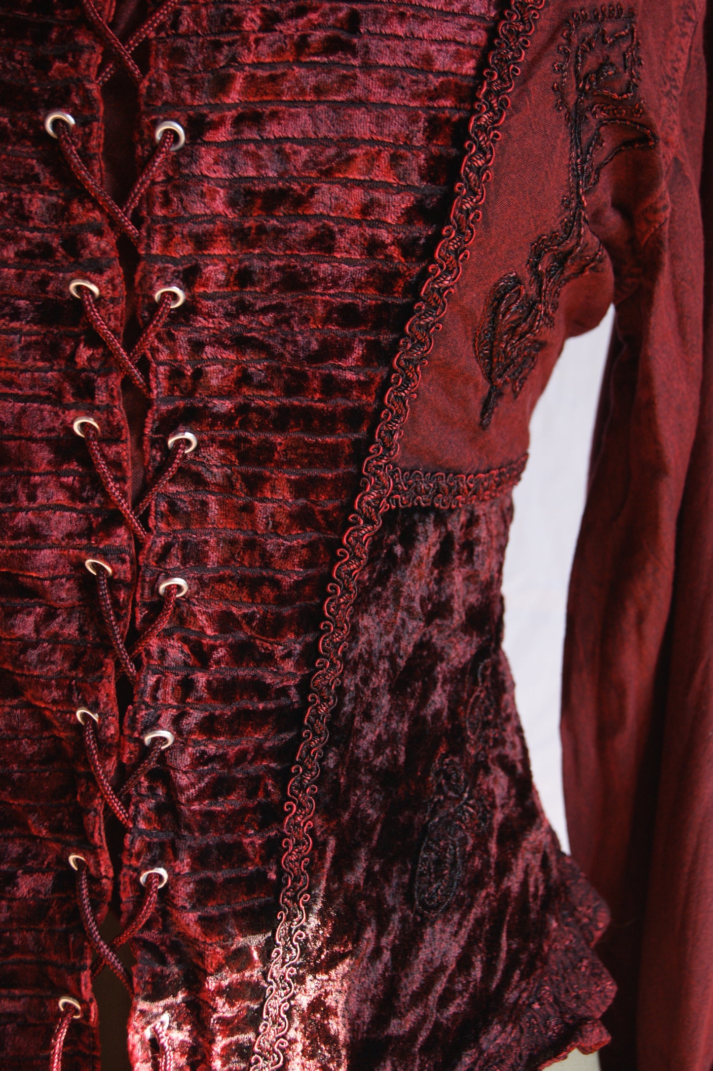 1990s Burgundy Lace-Up Blouse with Velvet Front Panel - L