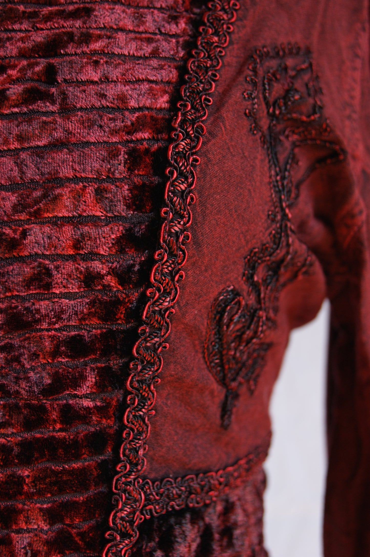 1990s Burgundy Lace-Up Blouse with Velvet Front Panel - L