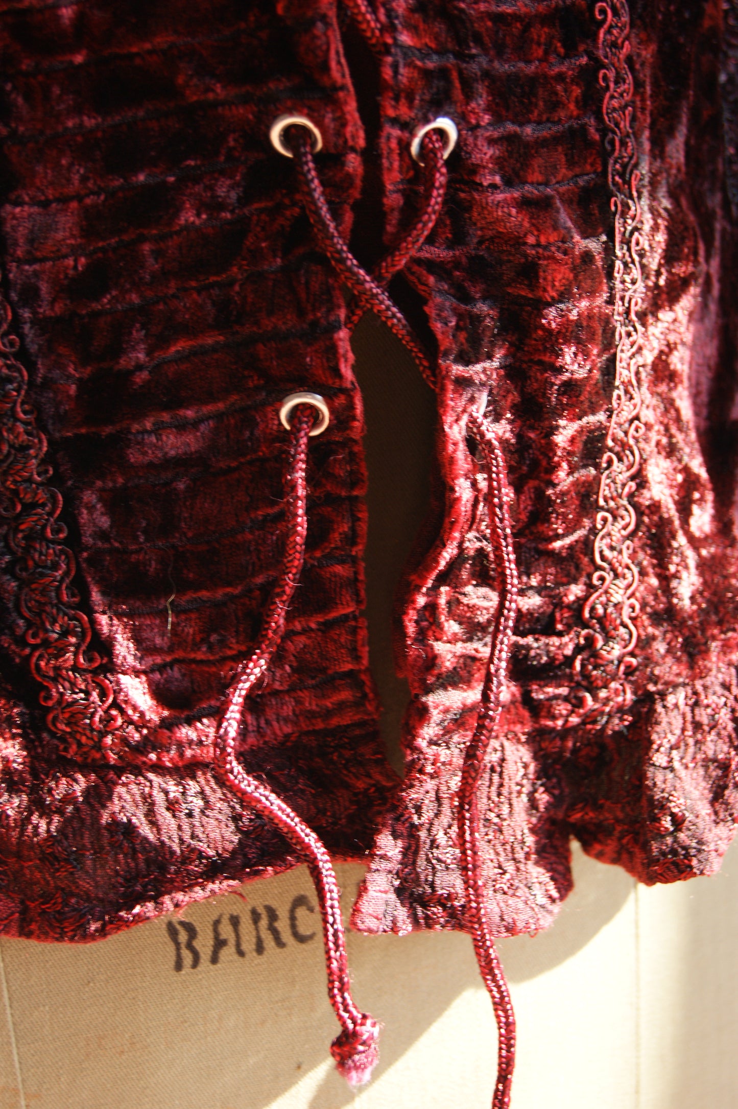 1990s Burgundy Lace-Up Blouse with Velvet Front Panel - L