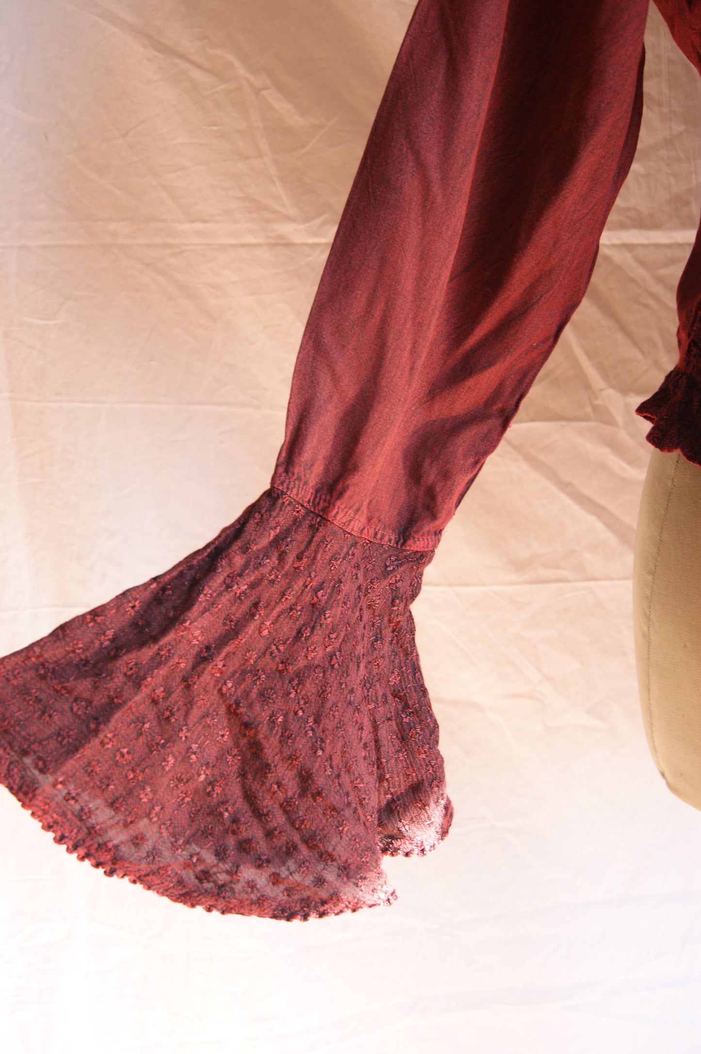 1990s Burgundy Lace-Up Blouse with Velvet Front Panel - L