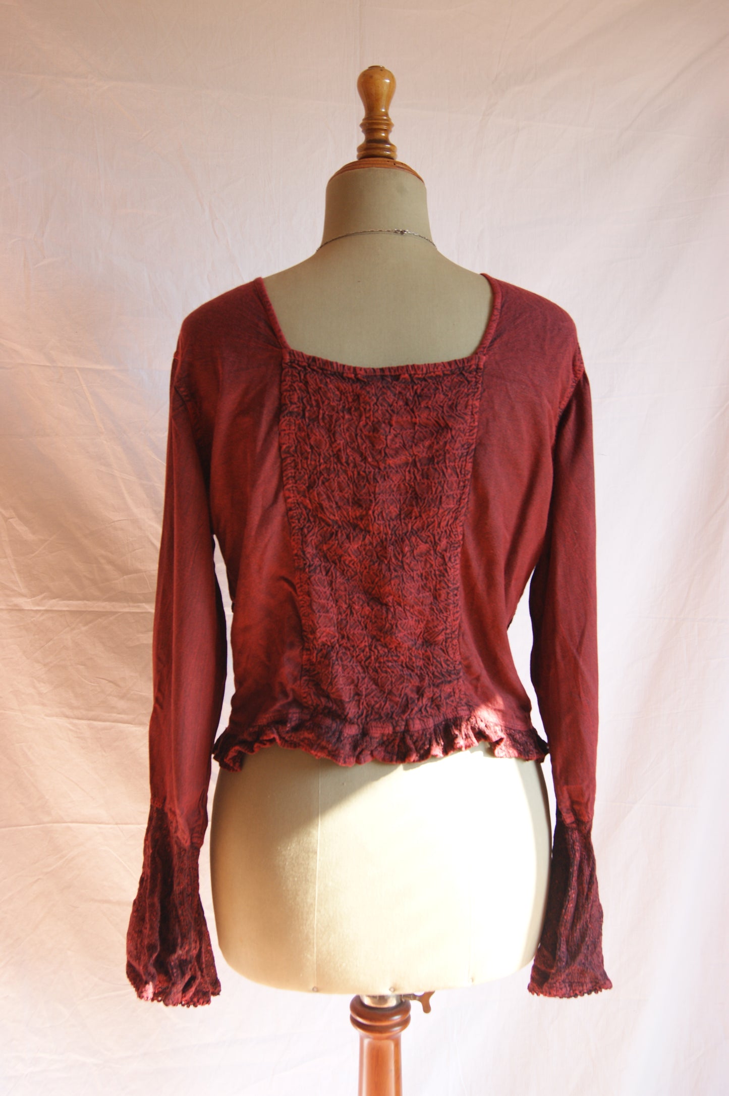 1990s Burgundy Lace-Up Blouse with Velvet Front Panel - L