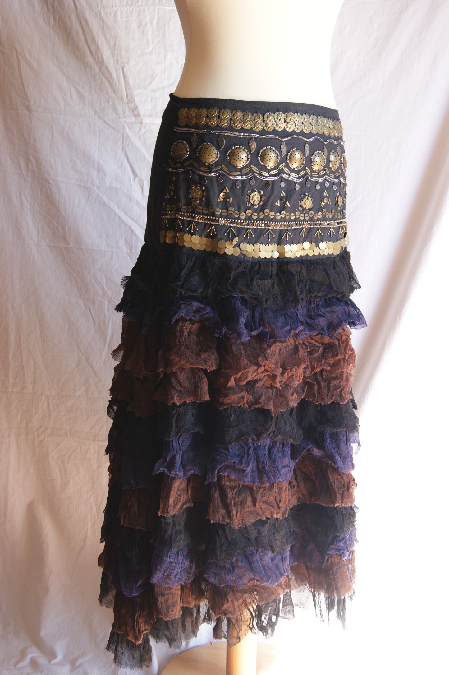 1990s Tiered Ruffle Skirt with Metallic Coin Belt - M