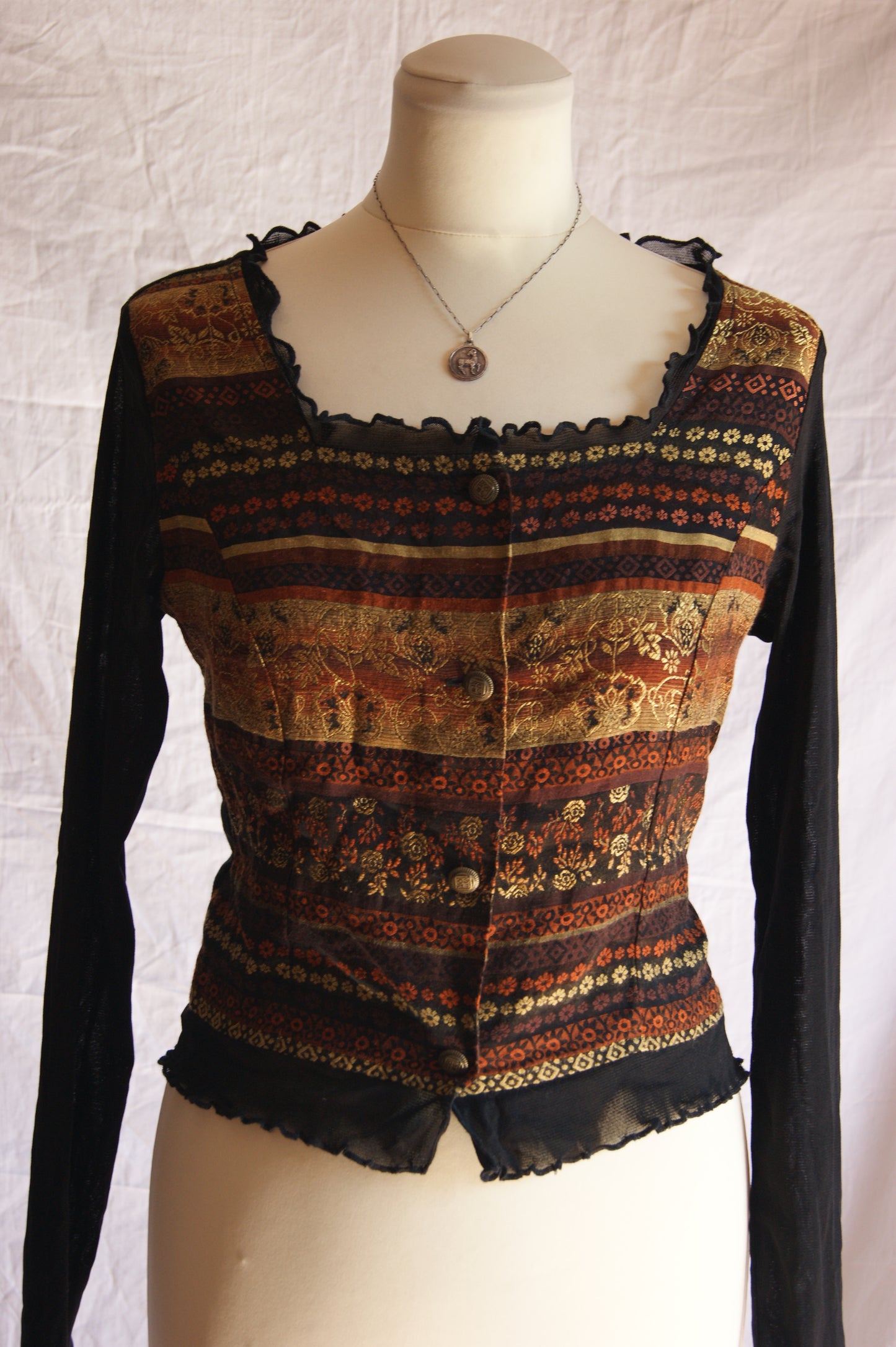 1990s Autumn Tapestry Bodice with Scalloped Trim - S