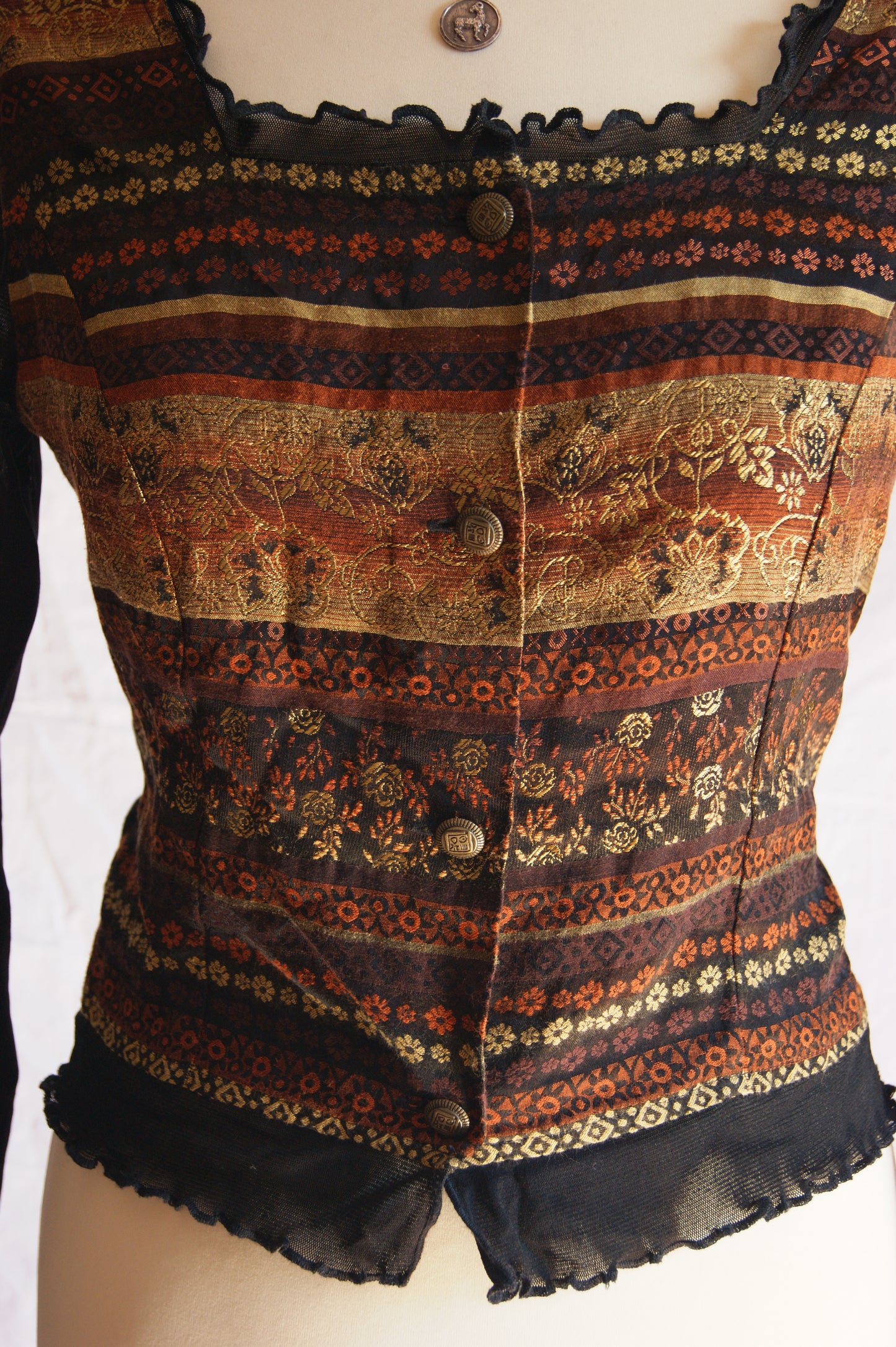 1990s Autumn Tapestry Bodice with Scalloped Trim - S