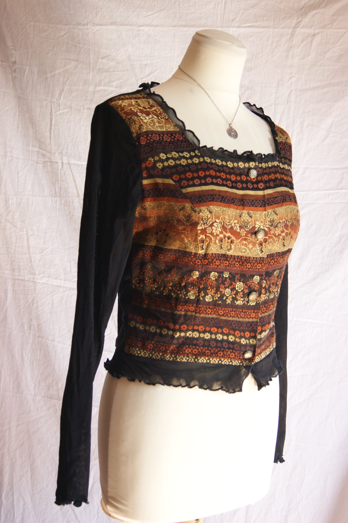 1990s Autumn Tapestry Bodice with Scalloped Trim - S
