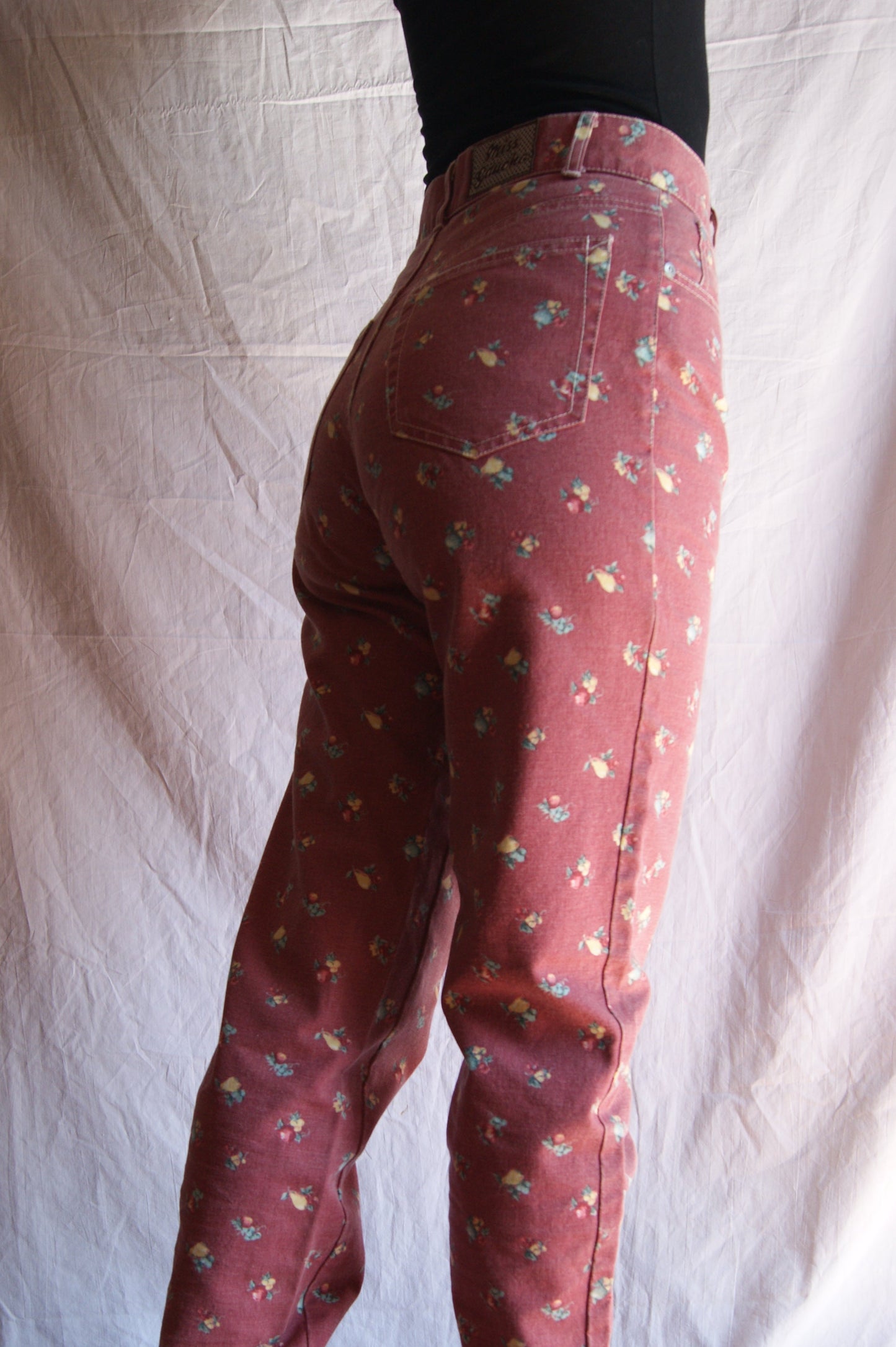 1980s Rose Meadow Fruit Print High-Waisted Trousers - M