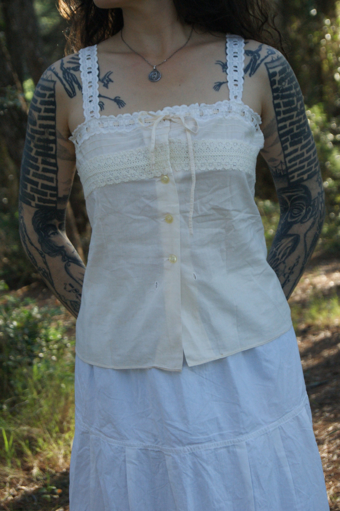 1940s Hand-Made Pale Salmon Cotton Camisole with Lace Trim Bodice - S/M