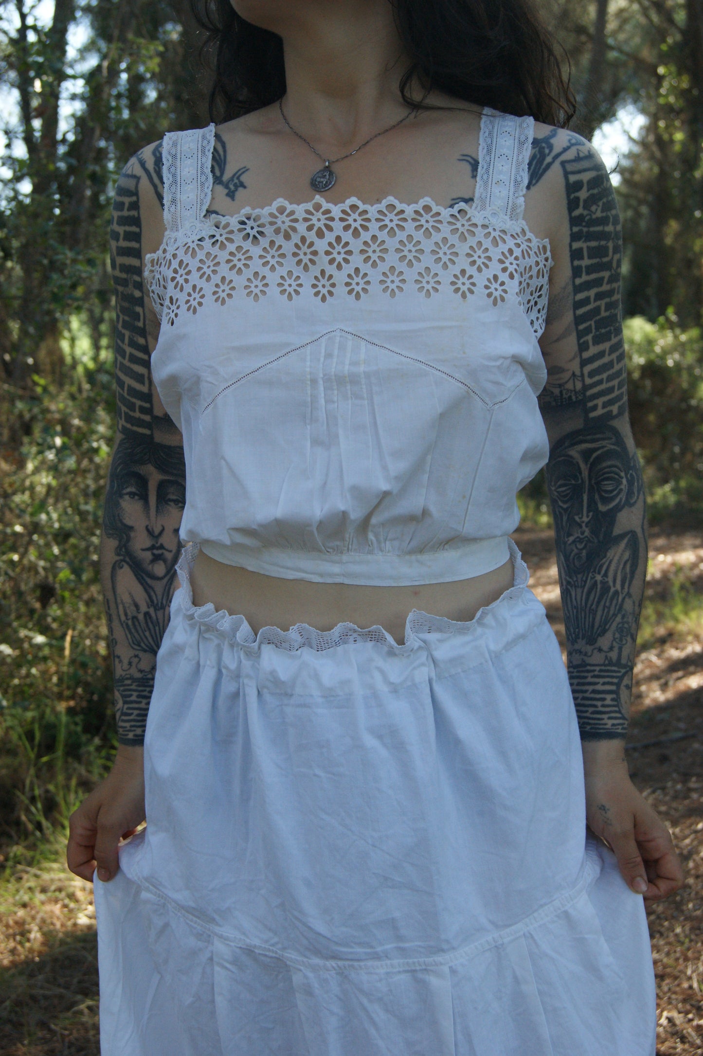 1800s Hand-Stitched Cotton Corset Cover with Eyelet Lacework - S