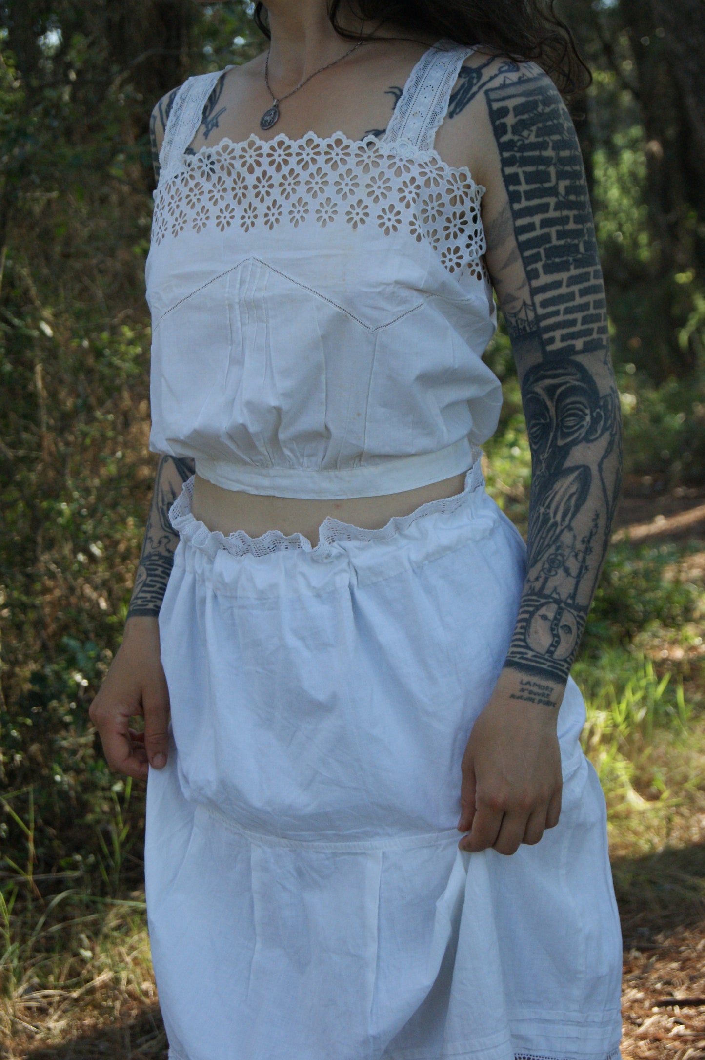 1800s Hand-Stitched Cotton Corset Cover with Eyelet Lacework - S