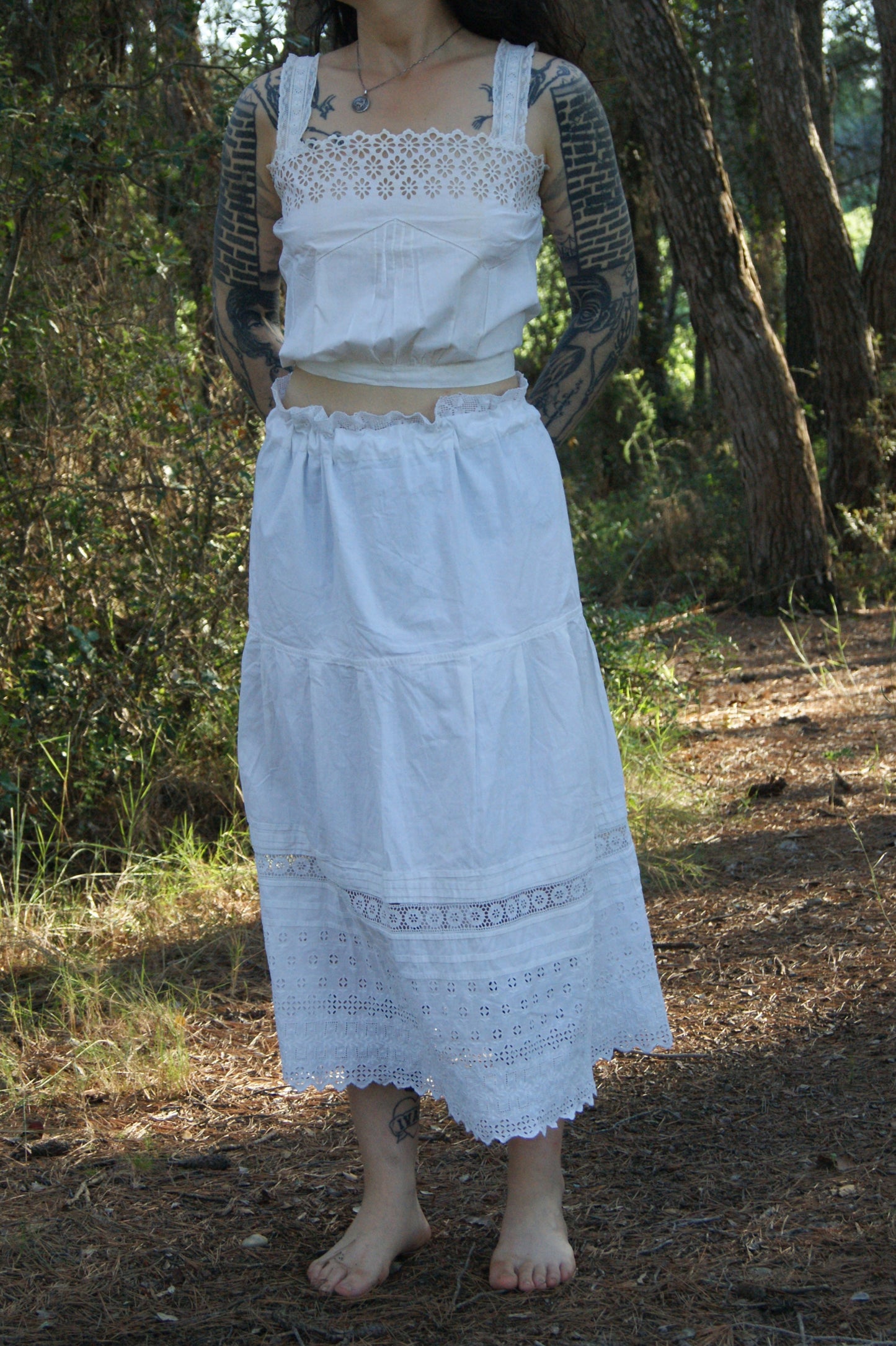 1800s Hand-Stitched Cotton Corset Cover with Eyelet Lacework - S